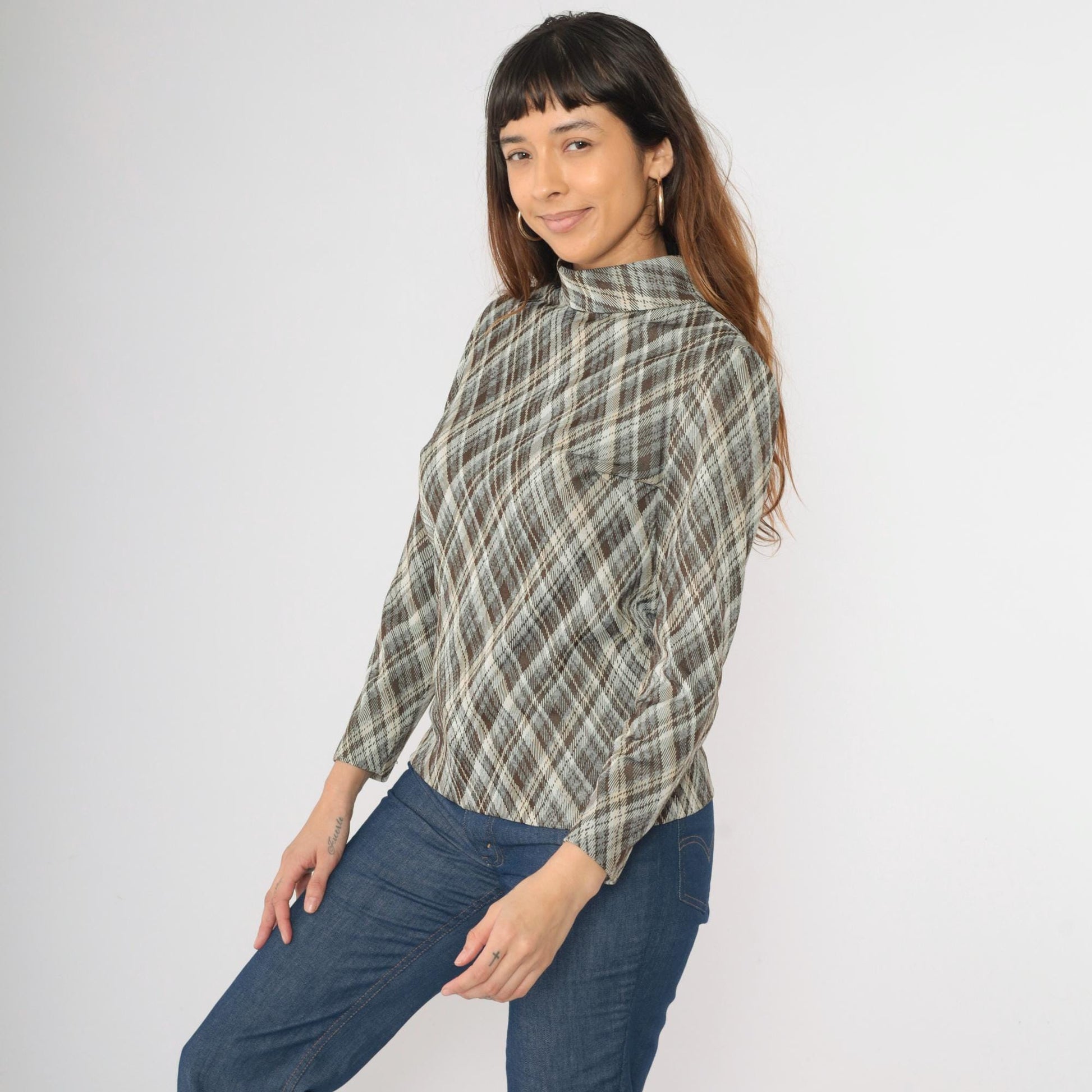 70s Brown Grey Plaid Turtleneck Shirt Long Sleeve High Neck Medium M