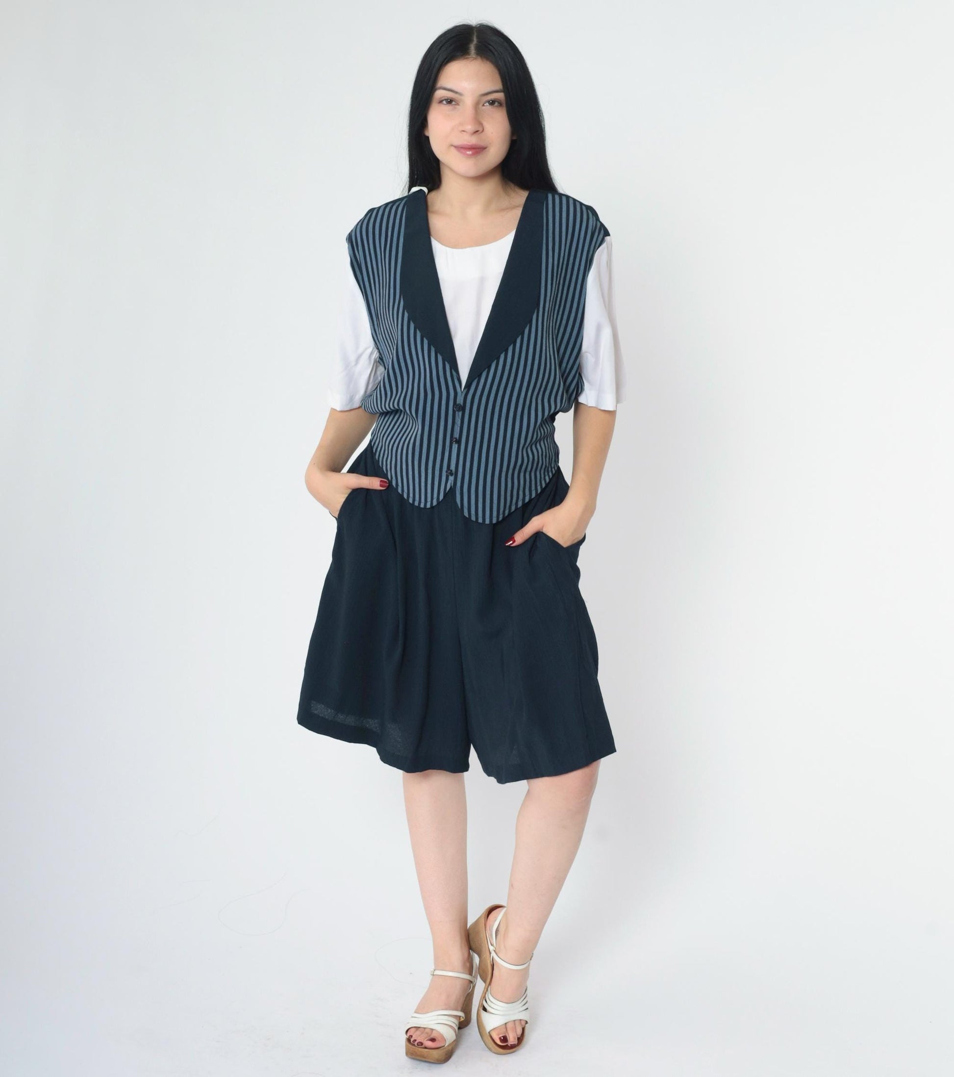 90s Navy Striped Vest Romper Wide Leg Shorts Button Up Large L