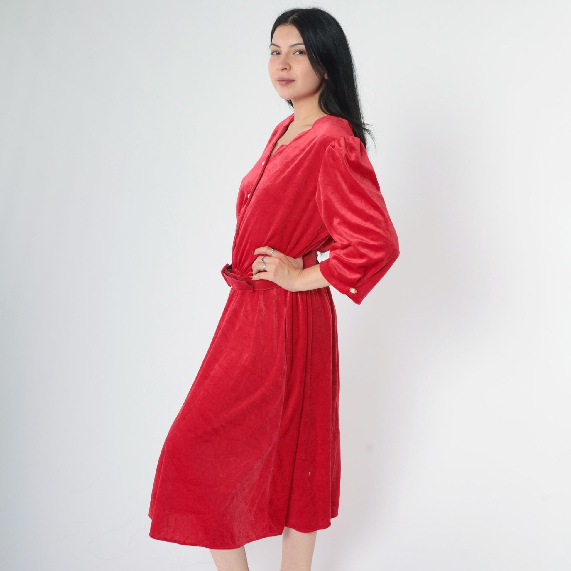 00s Red Velour Midi Dress Puff Sleeve Scallop Neck Button Up High Waist Large