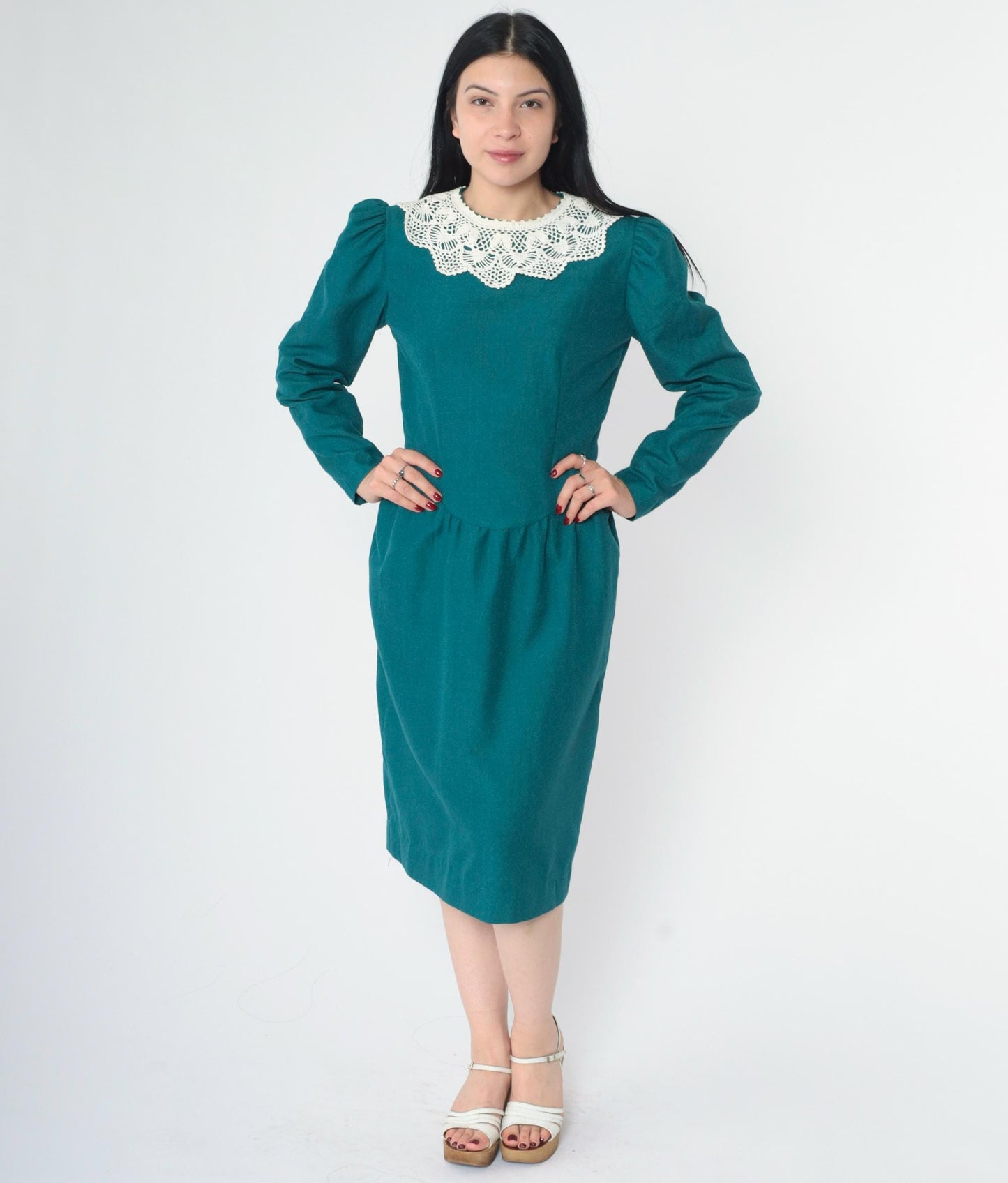 80s Teal Crochet Collar Puff Sleeve Midi Dress Pencil Skirt Small
