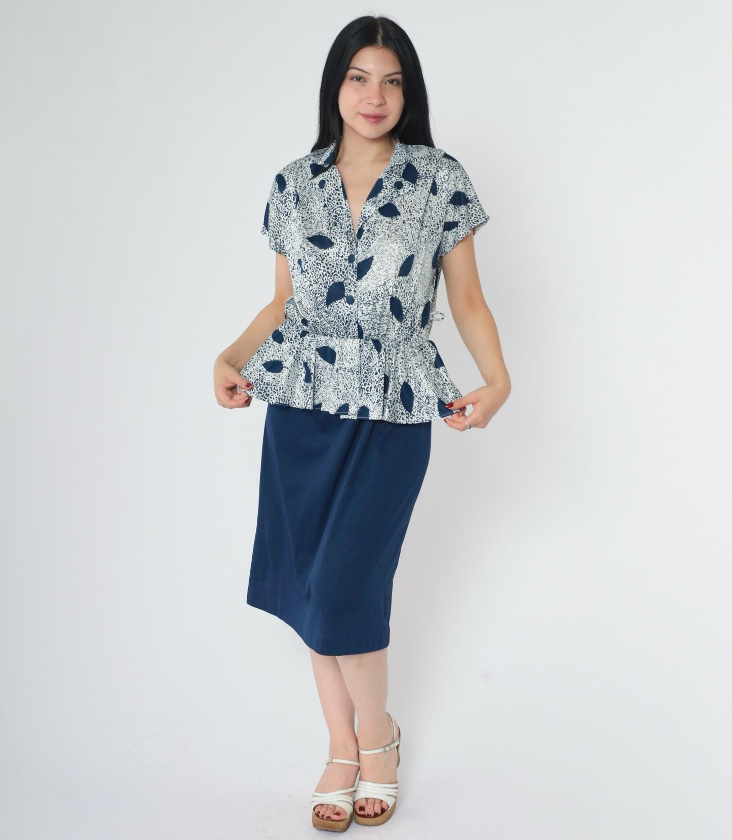 80s Abstract Peplum Midi Dress Blue White V Neck Button Up High Waisted Medium Large