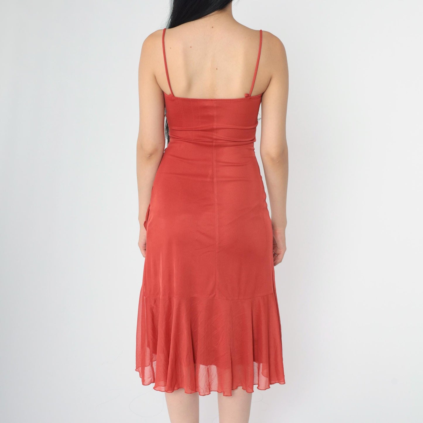 Y2K Ruby Rox Rust Midi Dress Ruched Spaghetti Strap Bodycon Asymmetrical Small