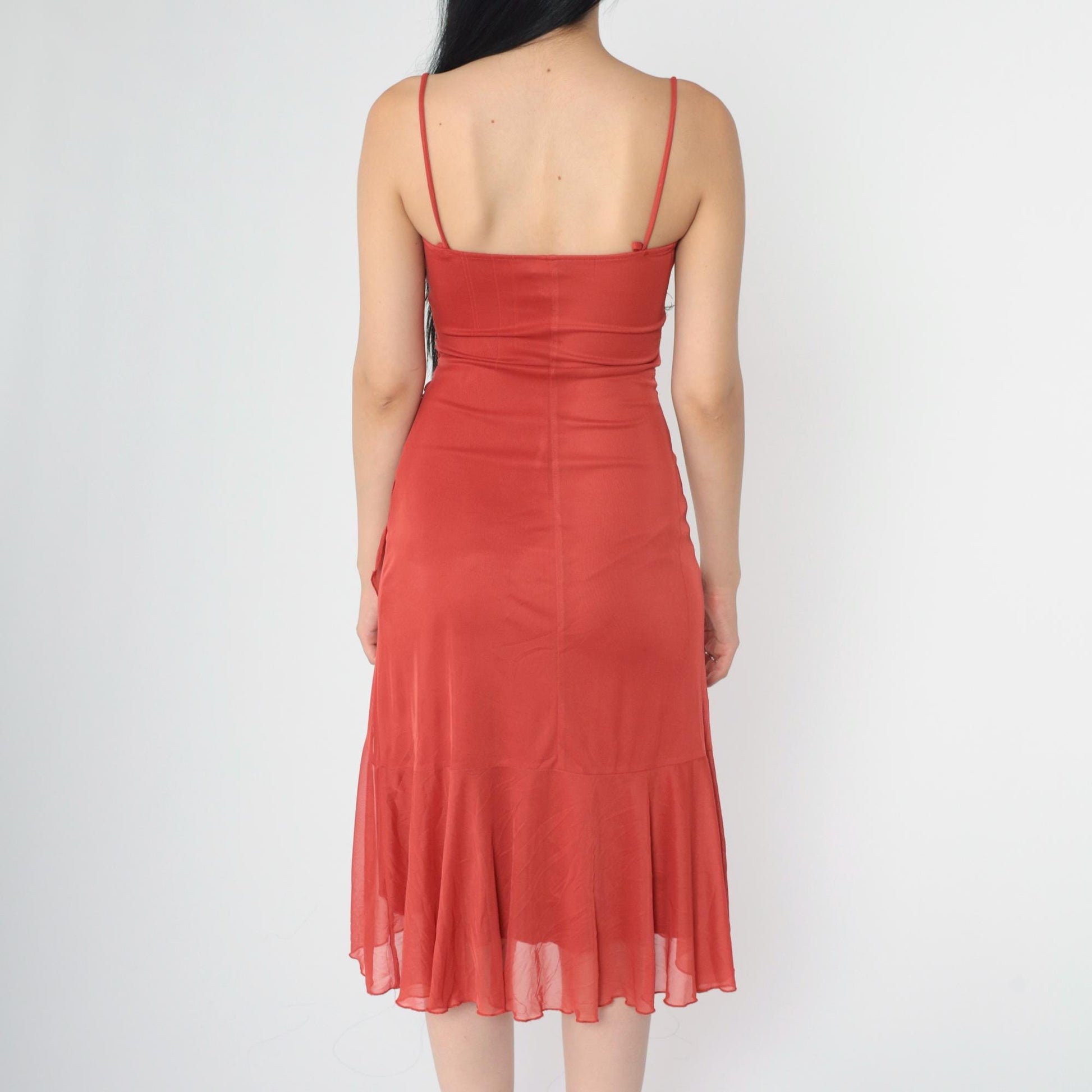 Y2K Ruby Rox Rust Midi Dress Ruched Spaghetti Strap Bodycon Asymmetrical Small