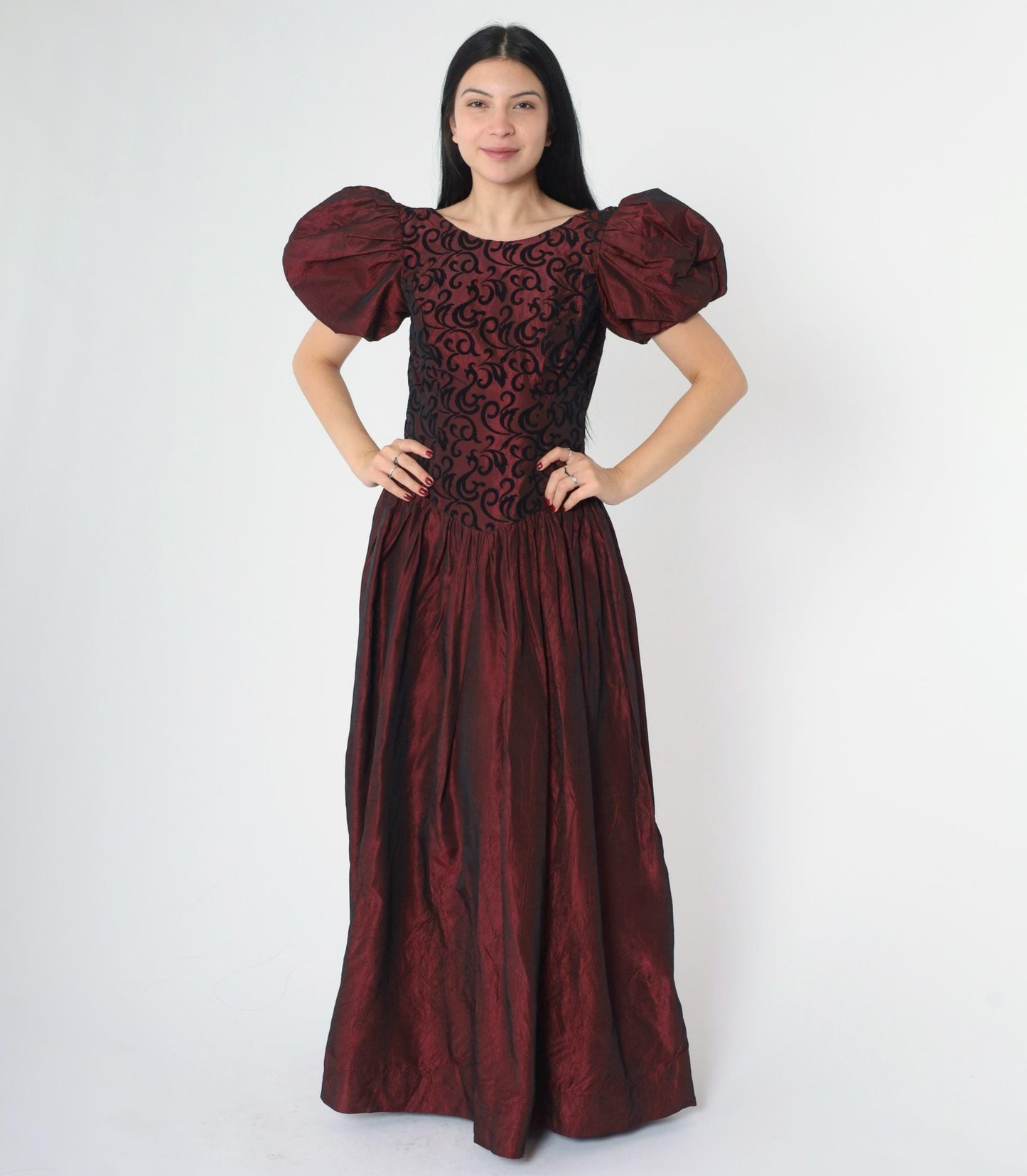 80s Burgundy Taffeta Prom Dress Puff Sleeve Basque Waist Maxi Small