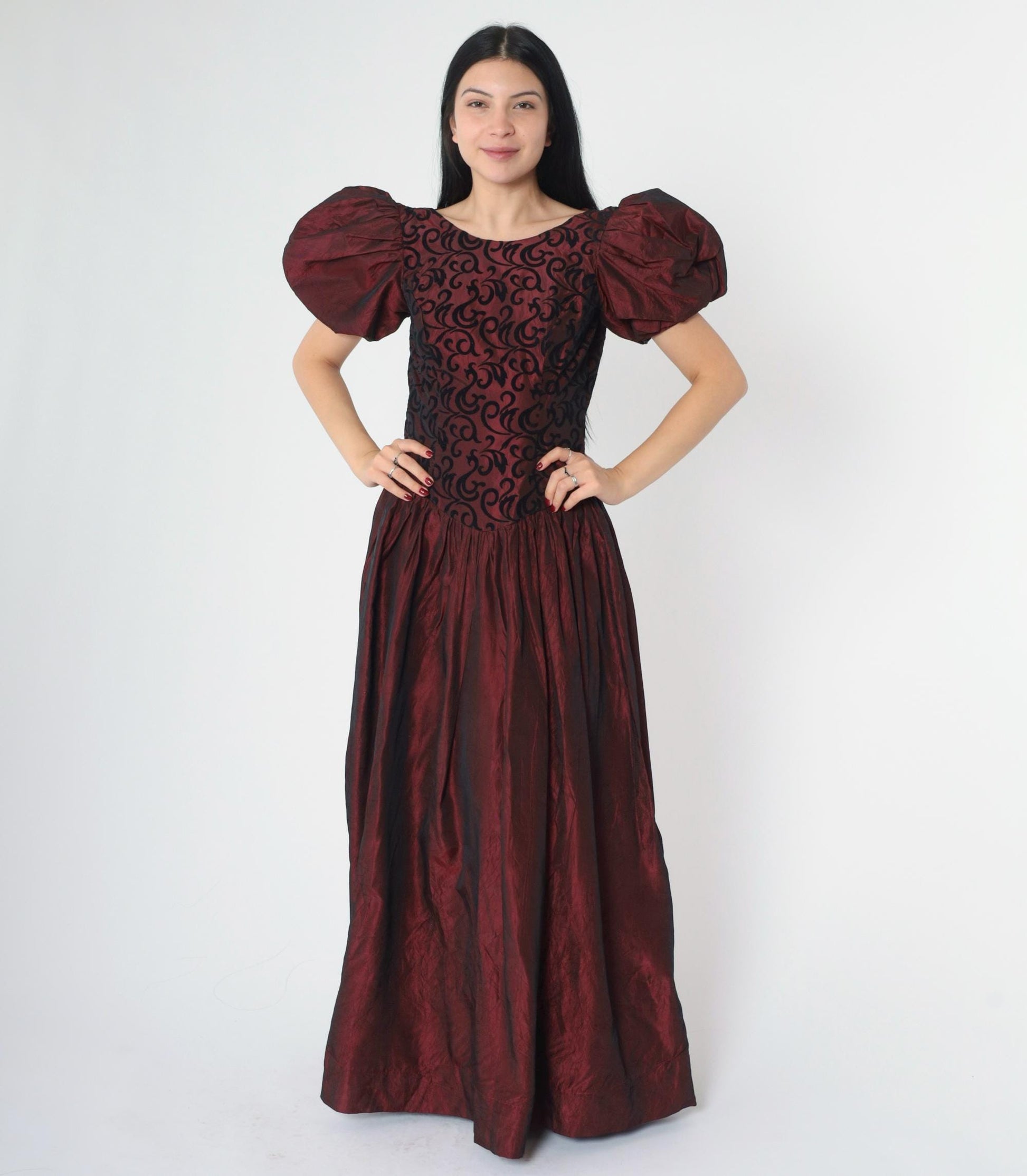 80s Burgundy Taffeta Prom Dress Puff Sleeve Basque Waist Maxi Small