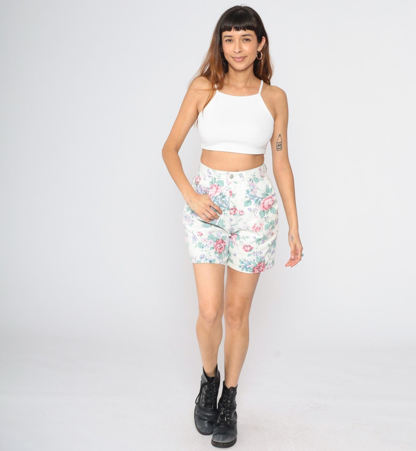 90s Floral Denim Shorts White High Waist Pink Purple Rose Print Small