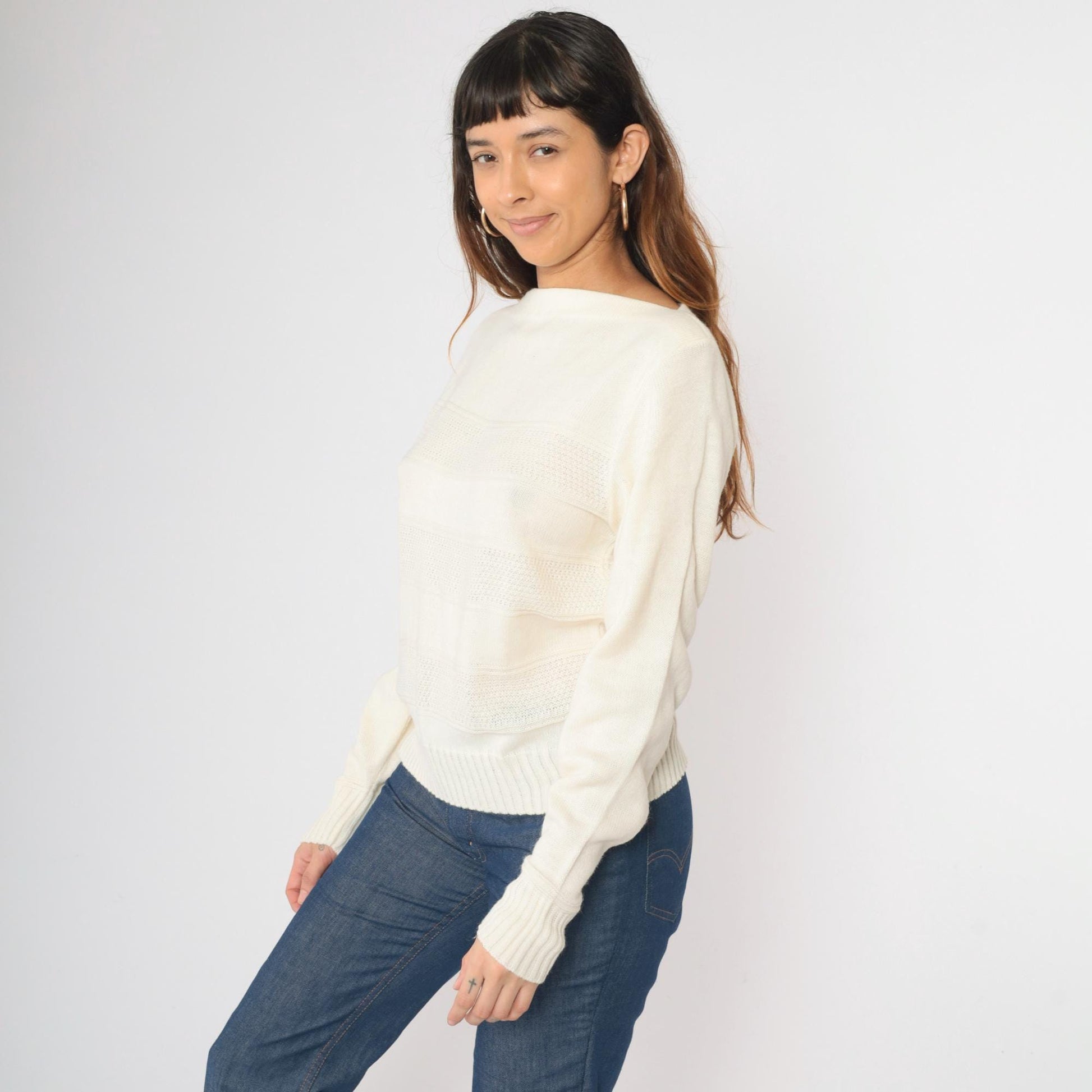 80s Izod Lacoste Boatneck Sweater Cream Knit Crocodile Logo Medium