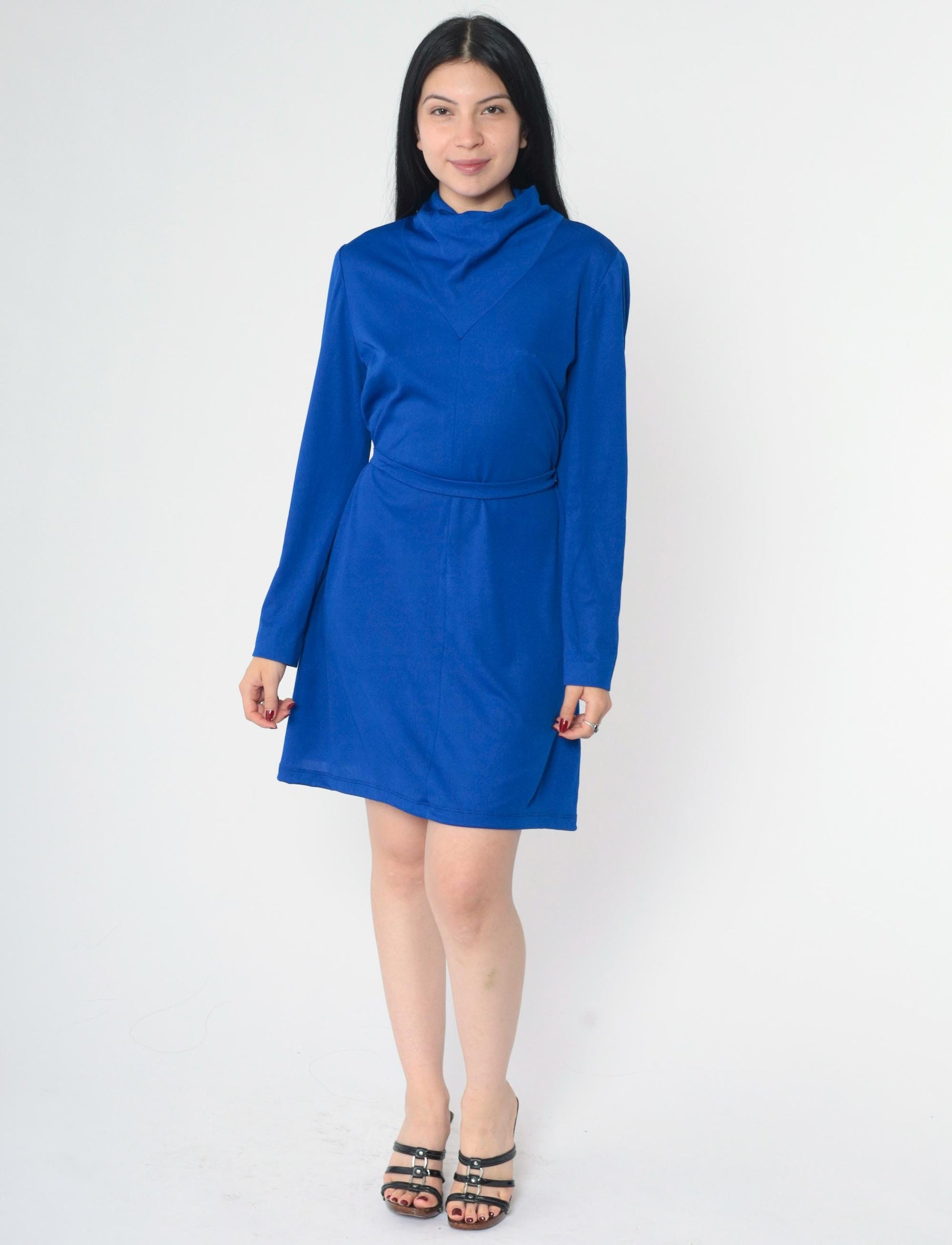 70s L'Aiglon Royal Blue Mini Shift Dress Cowl Neck Long Sleeve Medium M