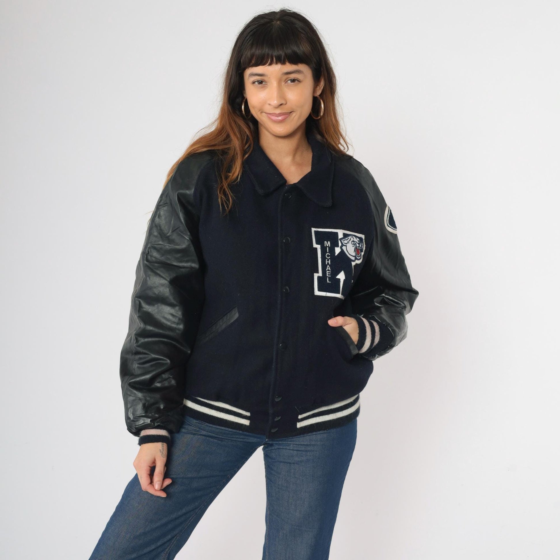 90s DeLong Kimbrough Cougars Varsity Jacket Navy Wool Vinyl Medium M