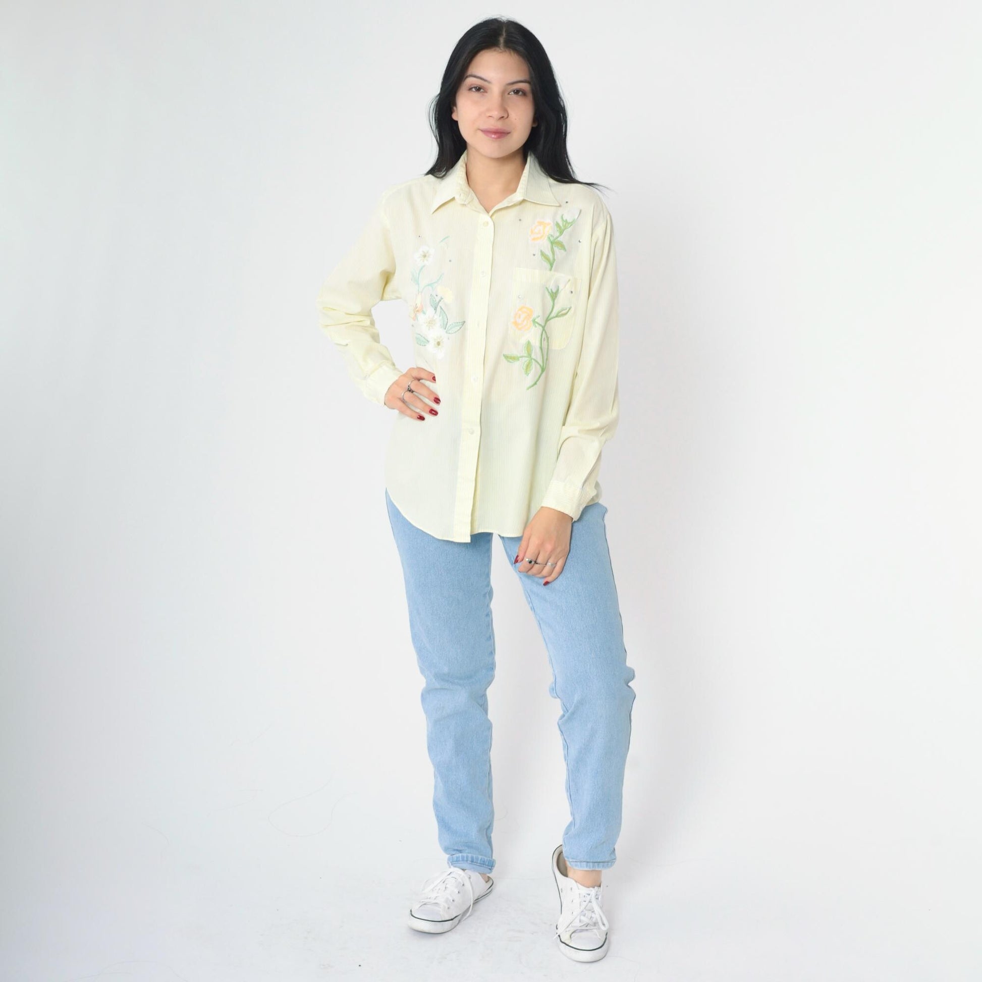 90s Apache Yellow Striped Floral Embroidered Rhinestone Button Up Blouse Medium