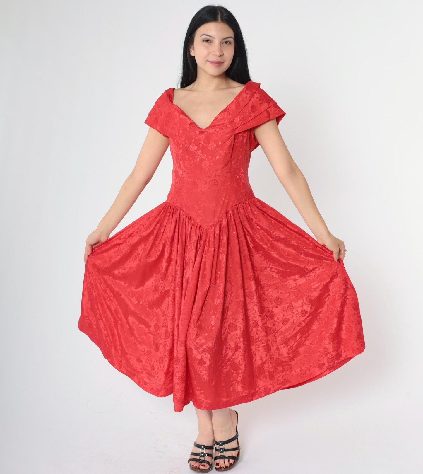80s Red Floral Jacquard Midi Dress Off-Shoulder Pleated Collar Medium
