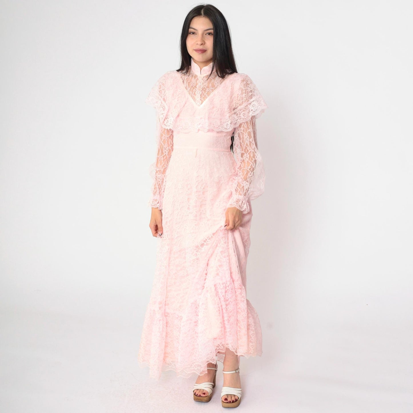 70s Pink Lace Maxi Gown High Neck Sheer Yoke Capelet Tiered Skirt Extra Small