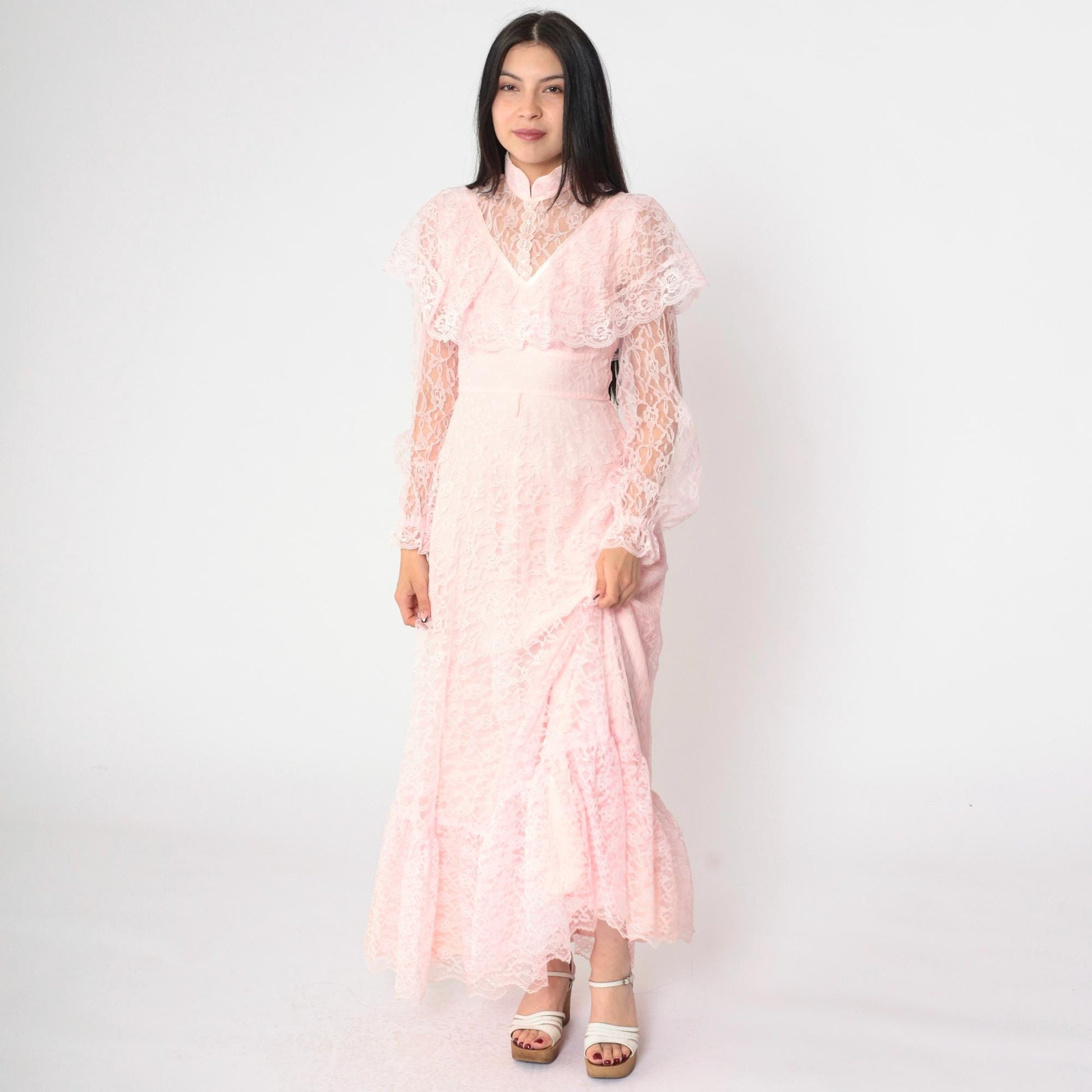 70s Pink Lace Maxi Gown High Neck Sheer Yoke Capelet Tiered Skirt Extra Small