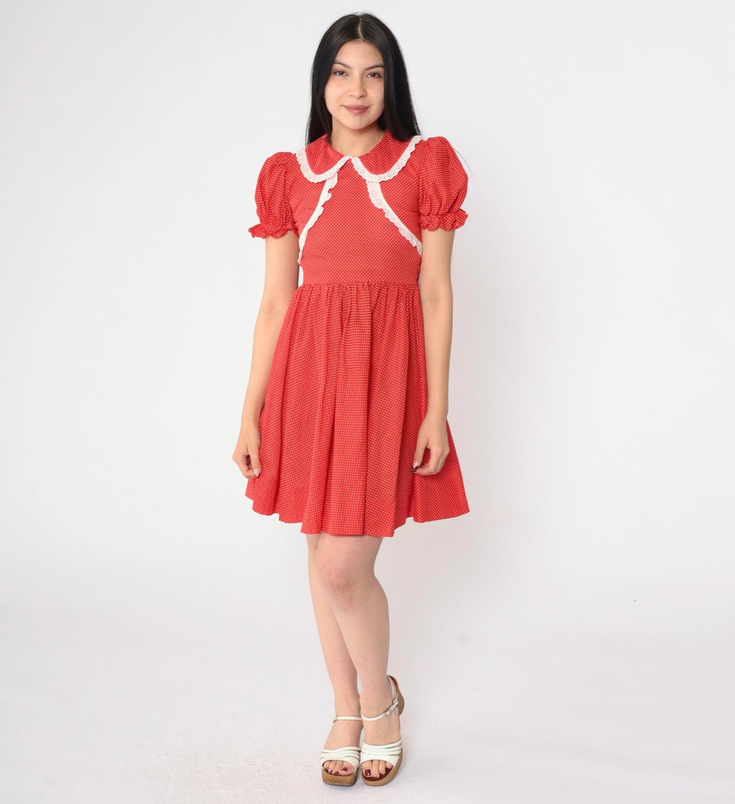 1970s Red Polka Dot Mini Dress Peter Pan Collar Puff Sleeve XXS