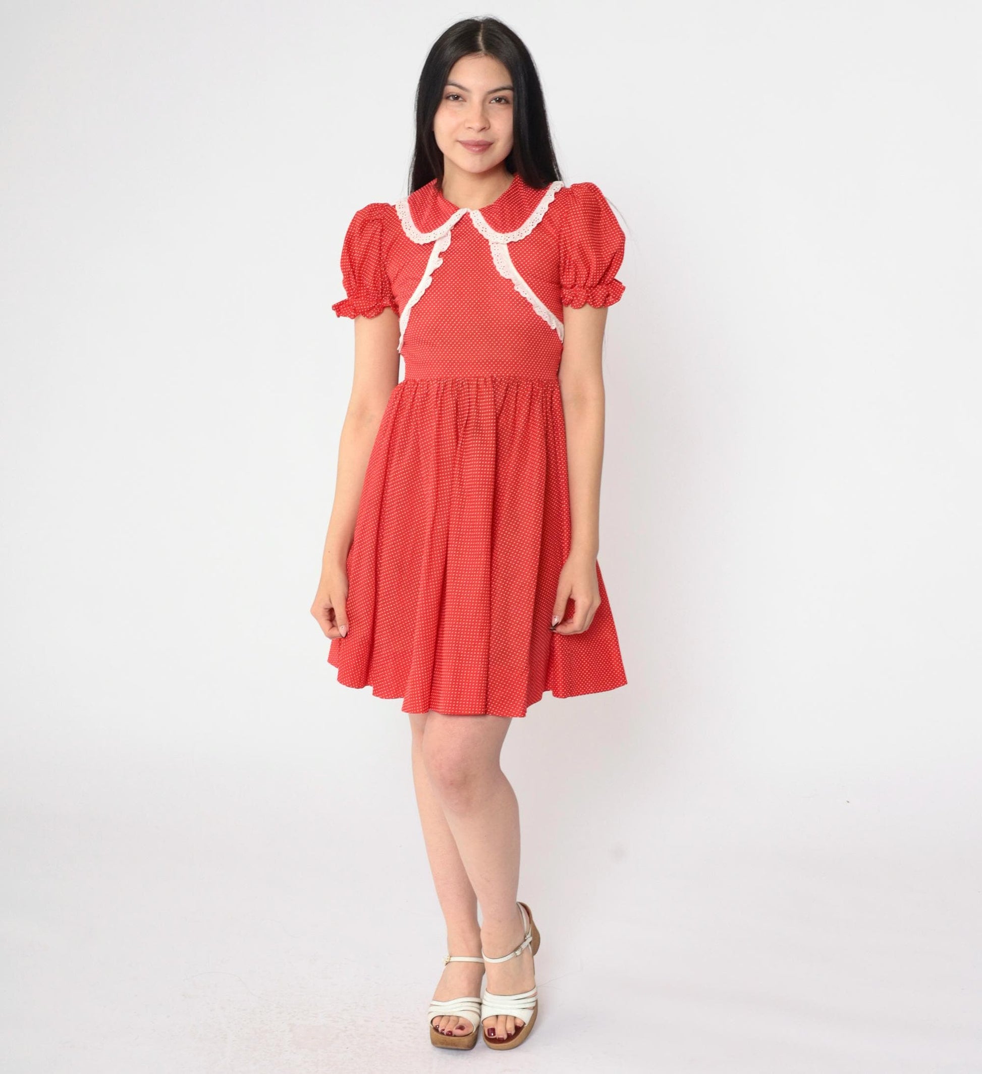 1970s Red Polka Dot Mini Dress Peter Pan Collar Puff Sleeve XXS