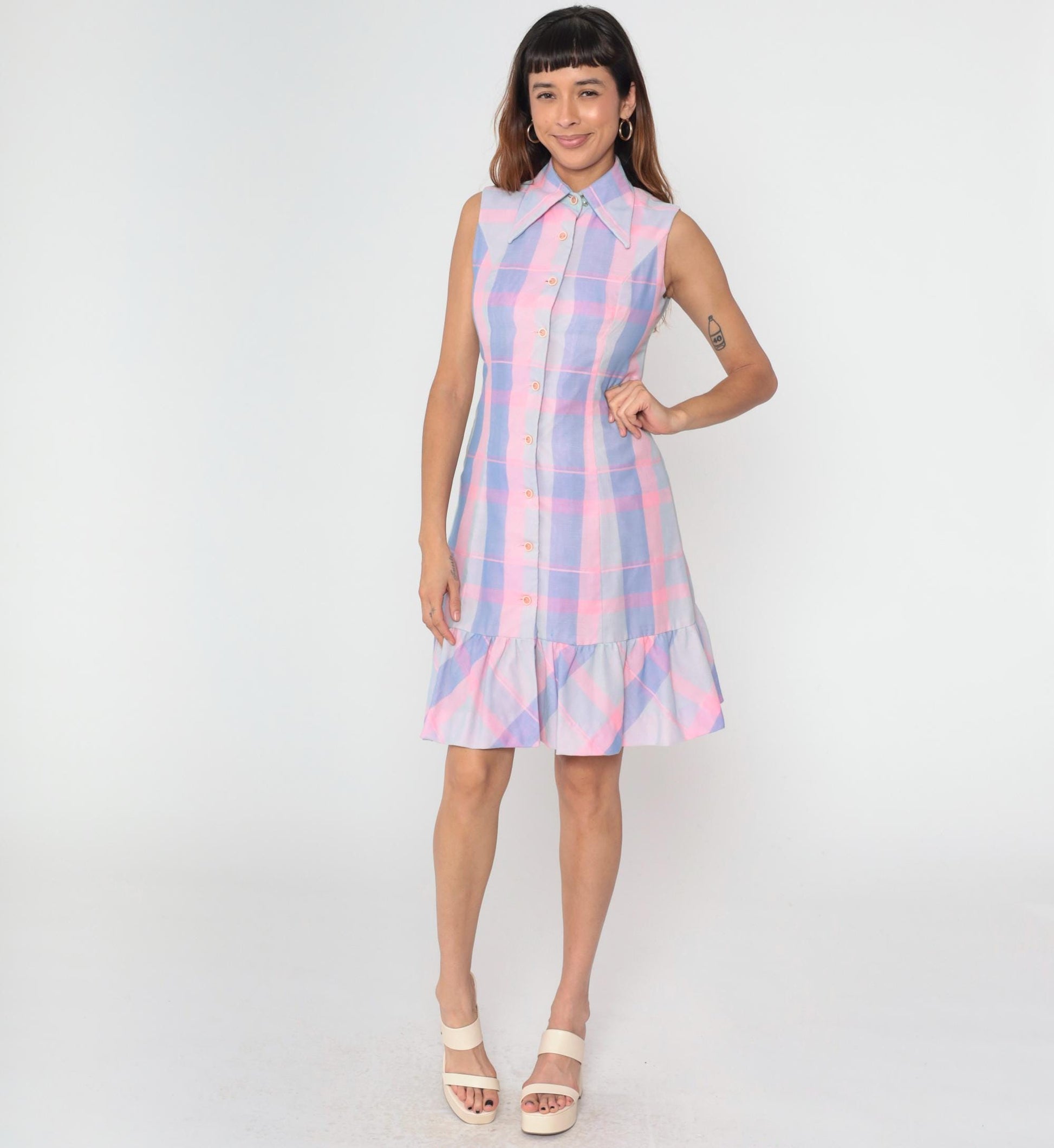 70s Burt Stanley Pastel Plaid Button-Down Dress Dagger Collar Knee-Length Small