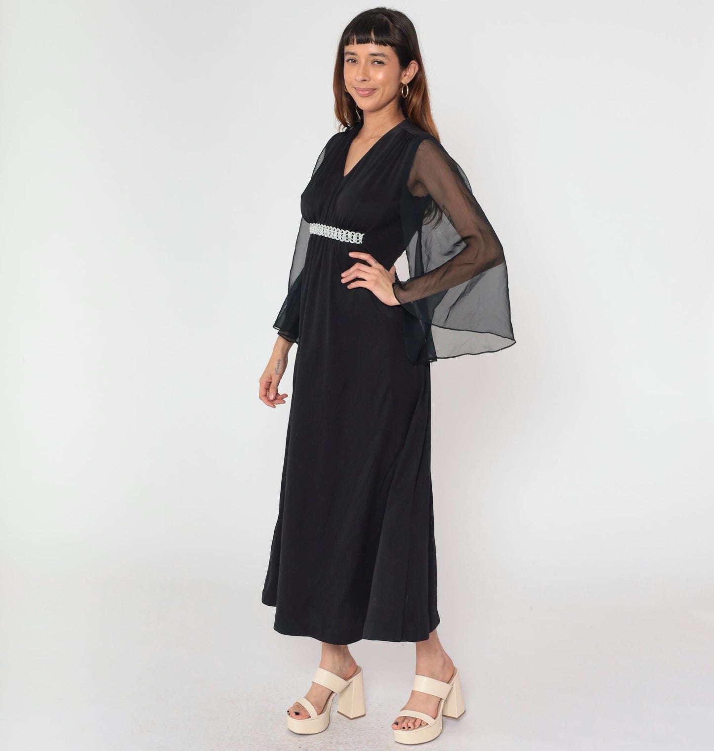 70s Black Chiffon Angel Sleeve Maxi Dress Silver Trim Empire Waist Medium