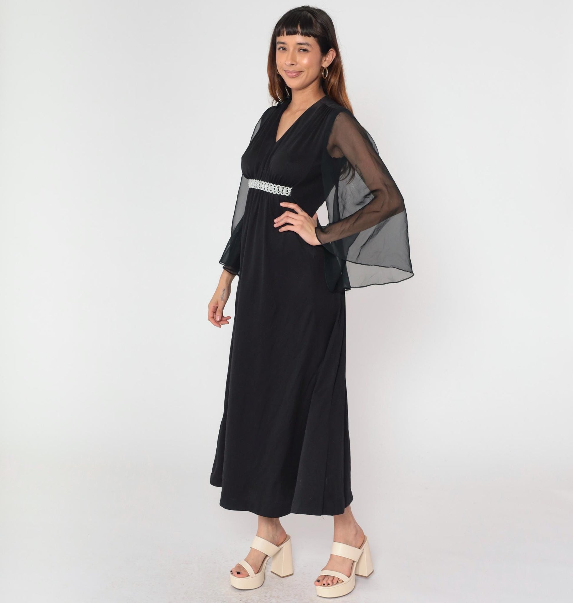 70s Black Chiffon Angel Sleeve Maxi Dress Silver Trim Empire Waist Medium