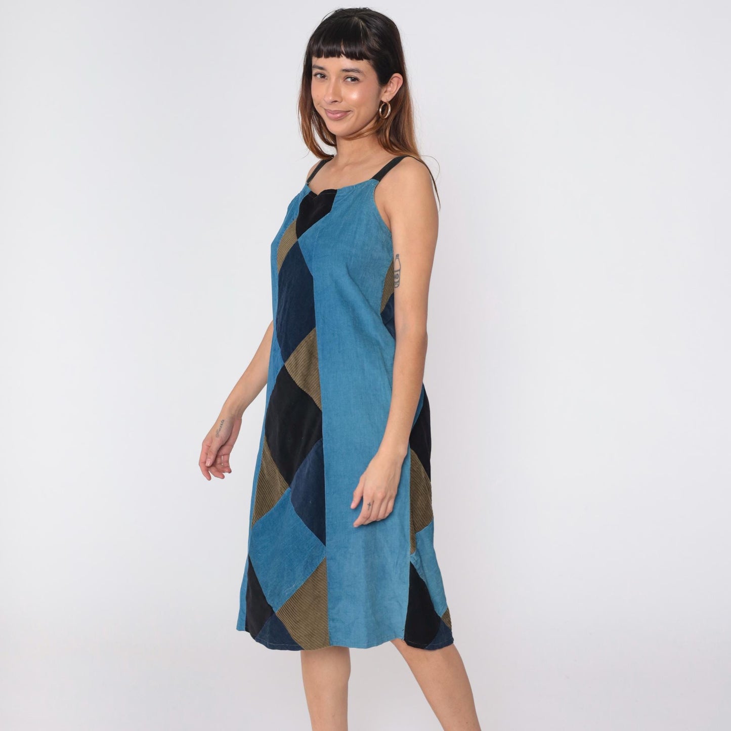 90s Blue Patchwork Corduroy Midi Dress Sleeveless Lace-Up Back Medium