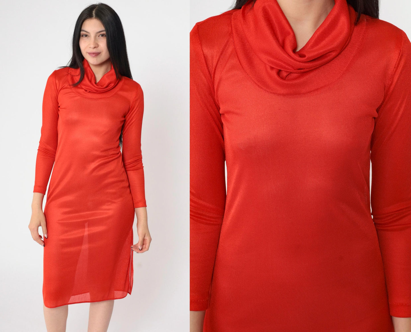 70s Red Sheer Cowl Neck Midi Dress Long Sleeve Bodycon Side Slit Small