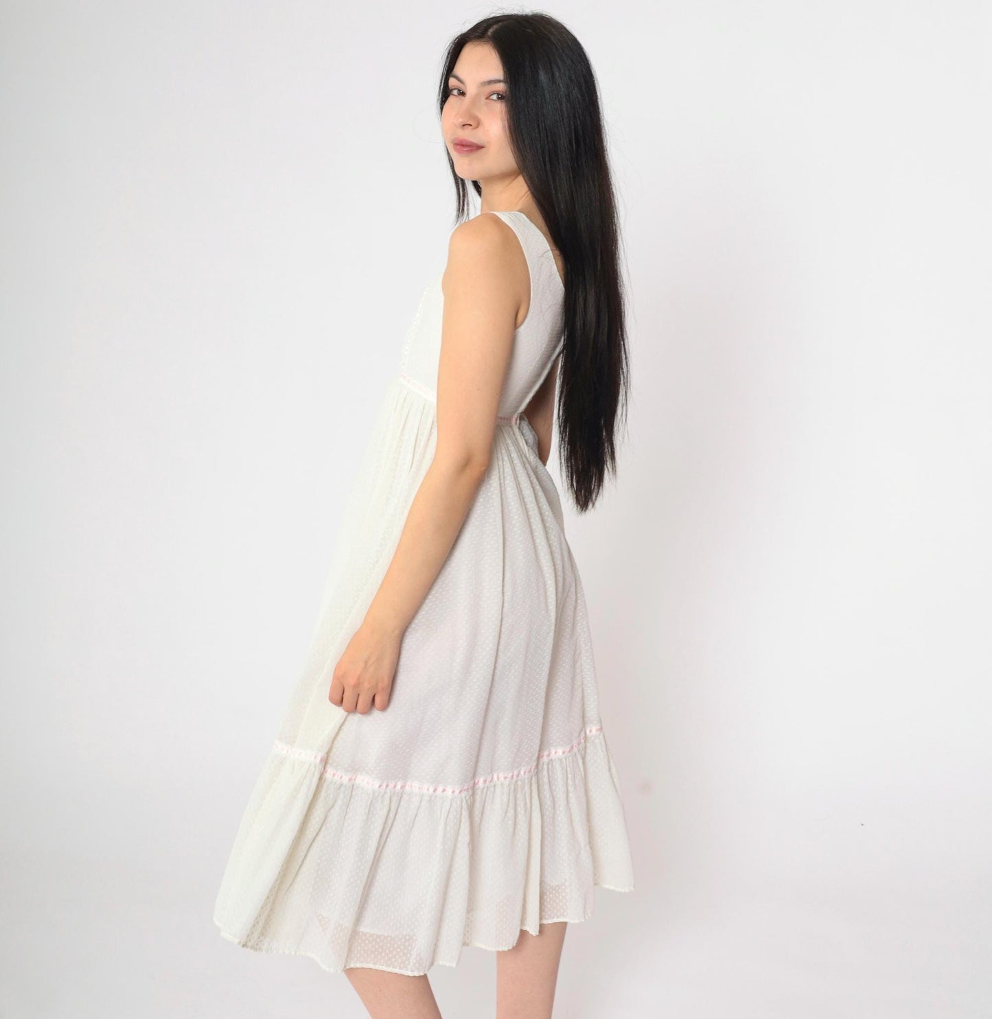 70s White Prairie Midi Dress Empire Waist Tiered Lace Pink Ribbon 2XS