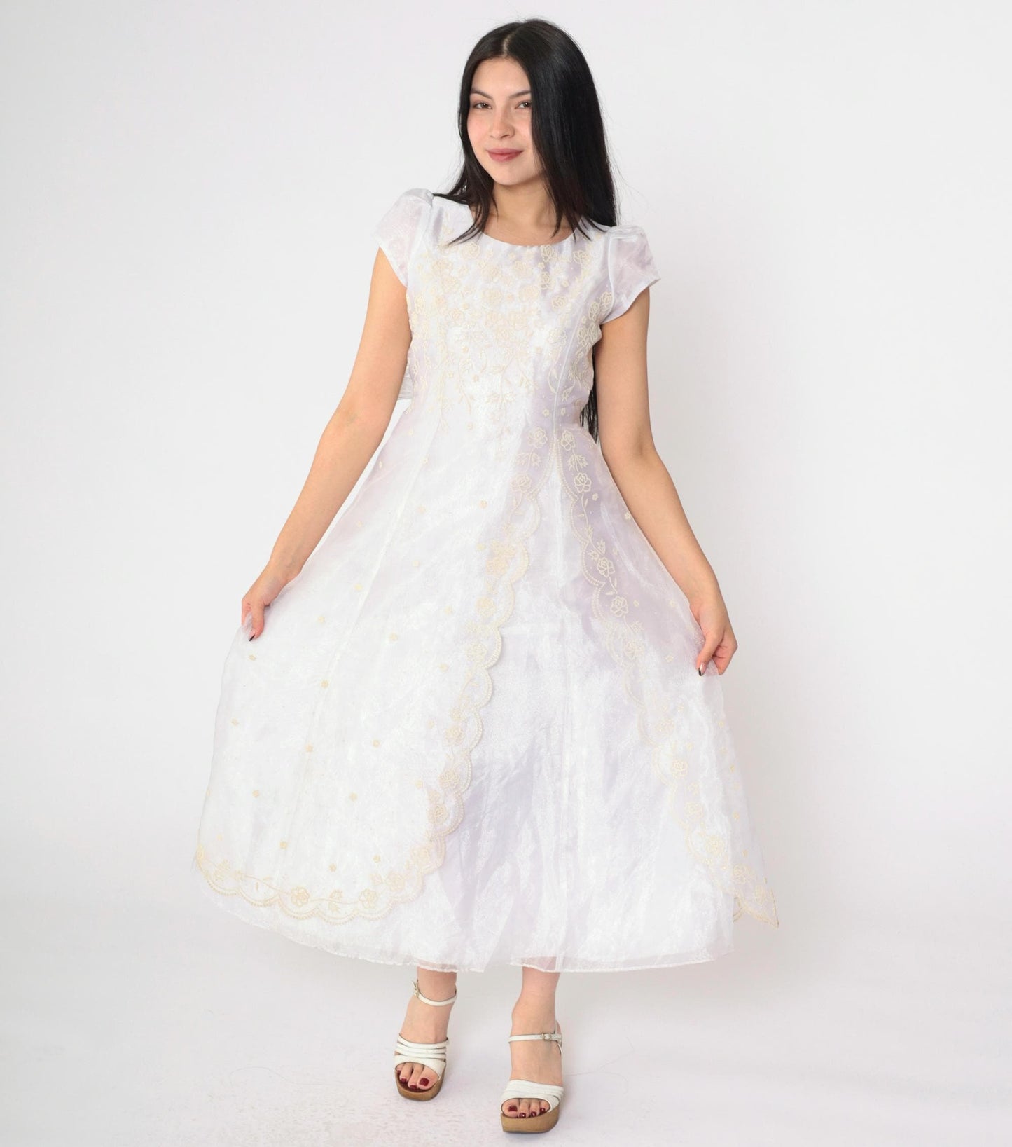 90s White Organza Midi Dress Iridescent Floral Appliqué Puff Sleeve Extra Small