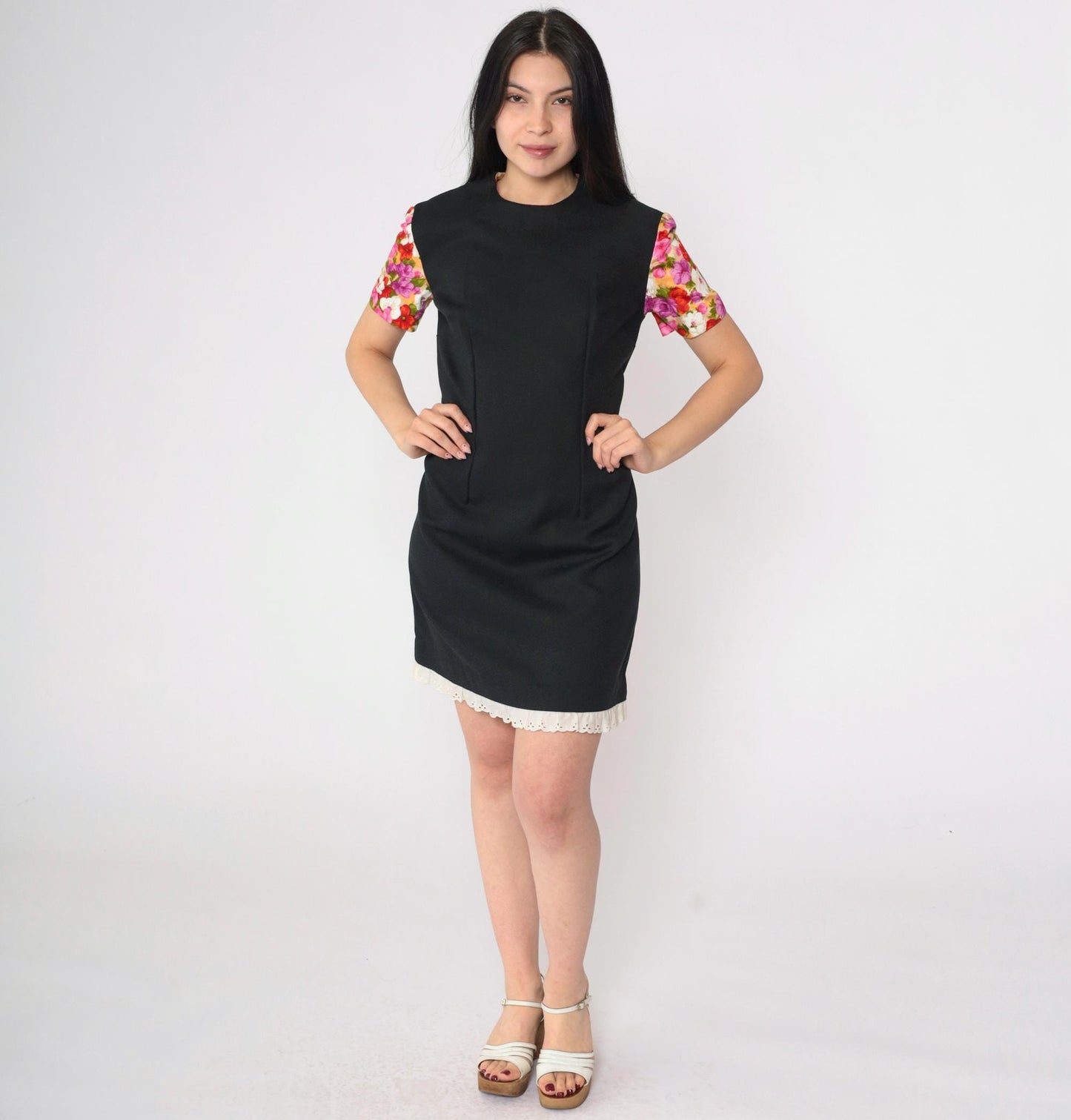 1960s Black Floral Puff Sleeve Mini Dress Eyelet Lace Shift Small S