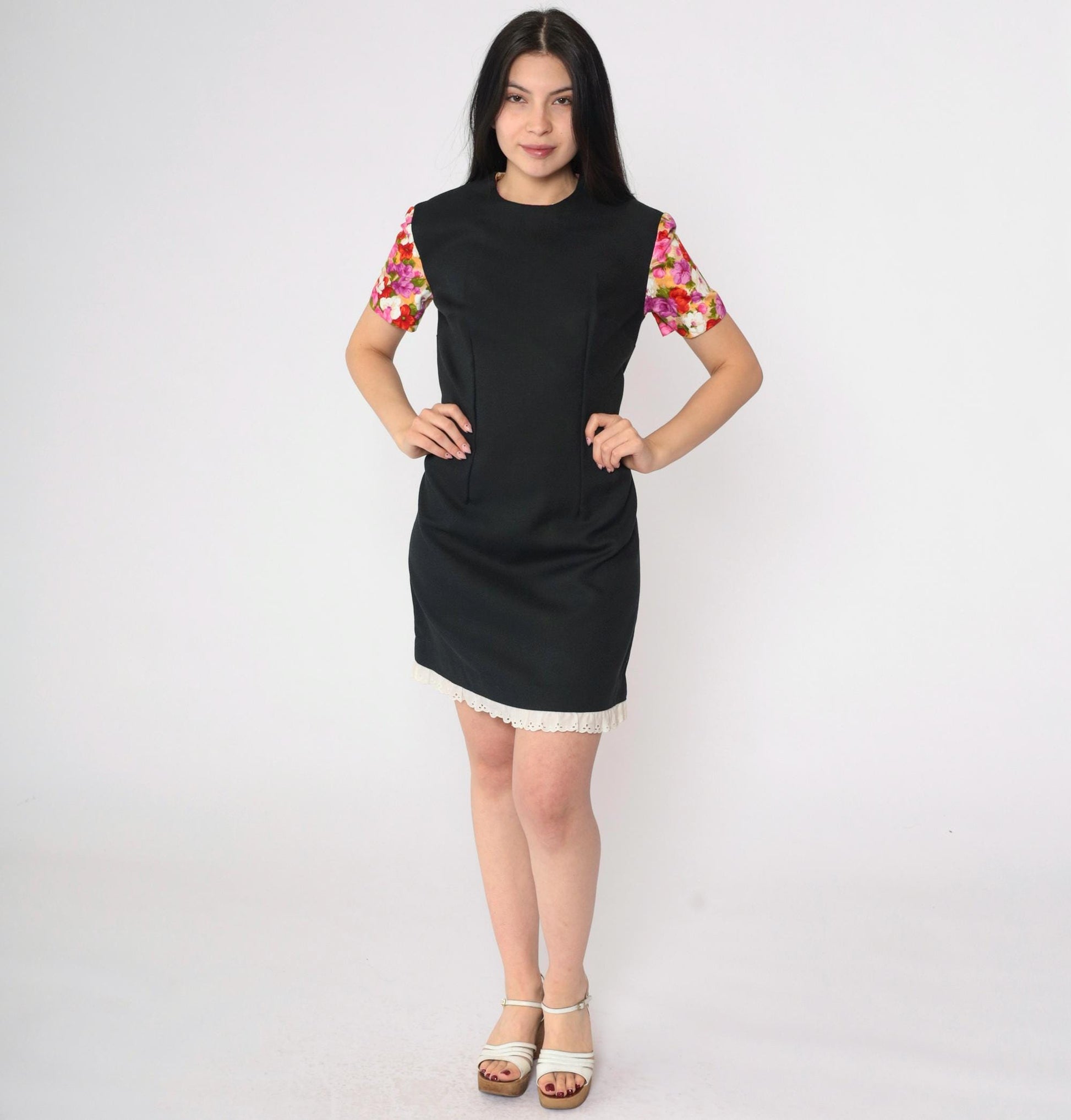 1960s Black Floral Puff Sleeve Mini Dress Eyelet Lace Shift Small S