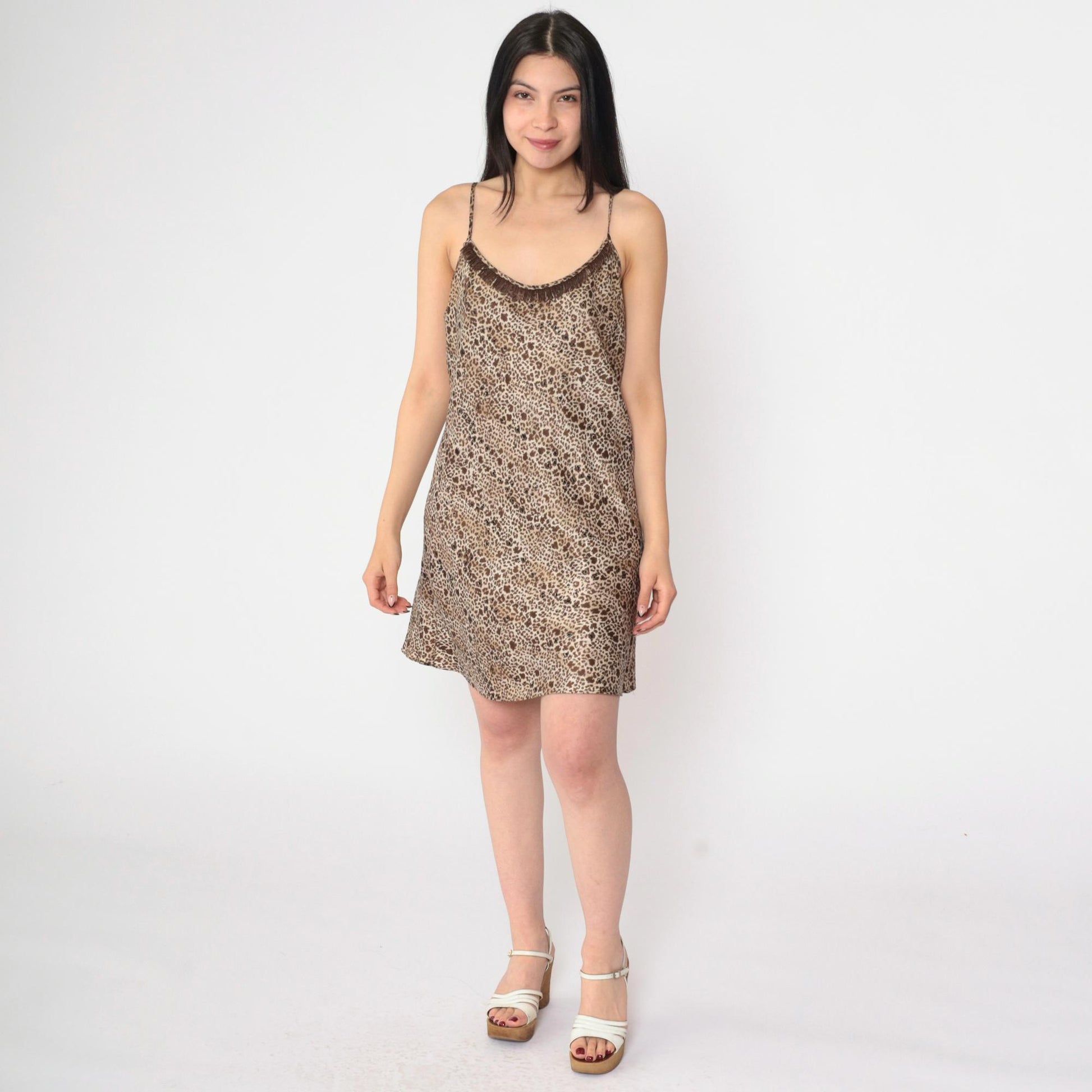 90s Leopard Print Mini Slip Dress Brown Satin Fringe Spaghetti Strap Medium M