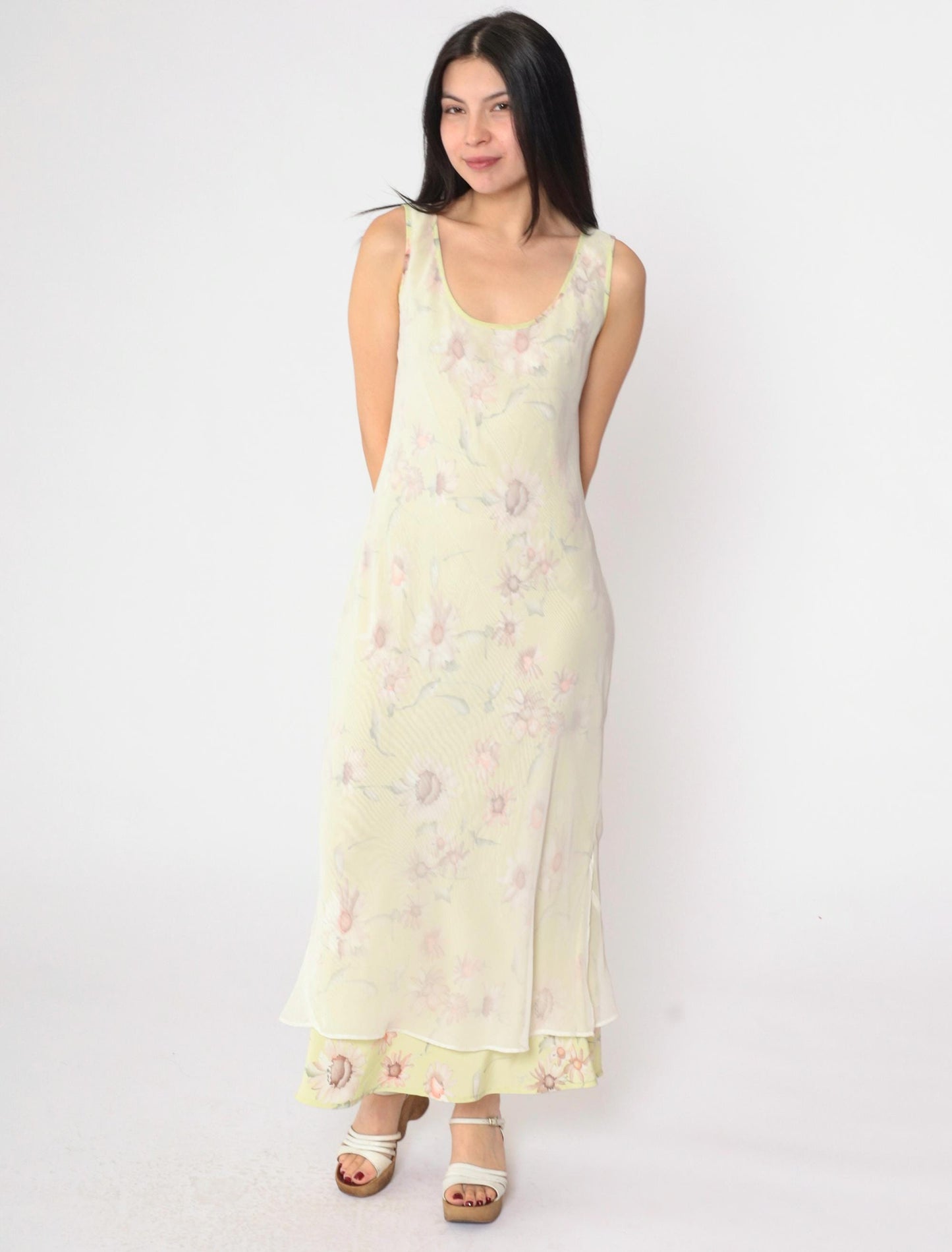 90s Green Floral Chiffon Midi Dress Sleeveless White Overlay Medium M
