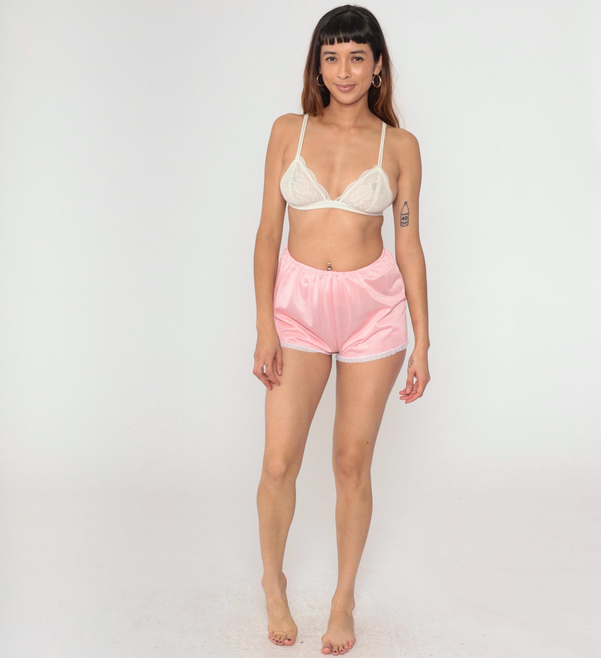 80s Pink Nylon Pajama Shorts Lace Trim Elastic Waist Small S