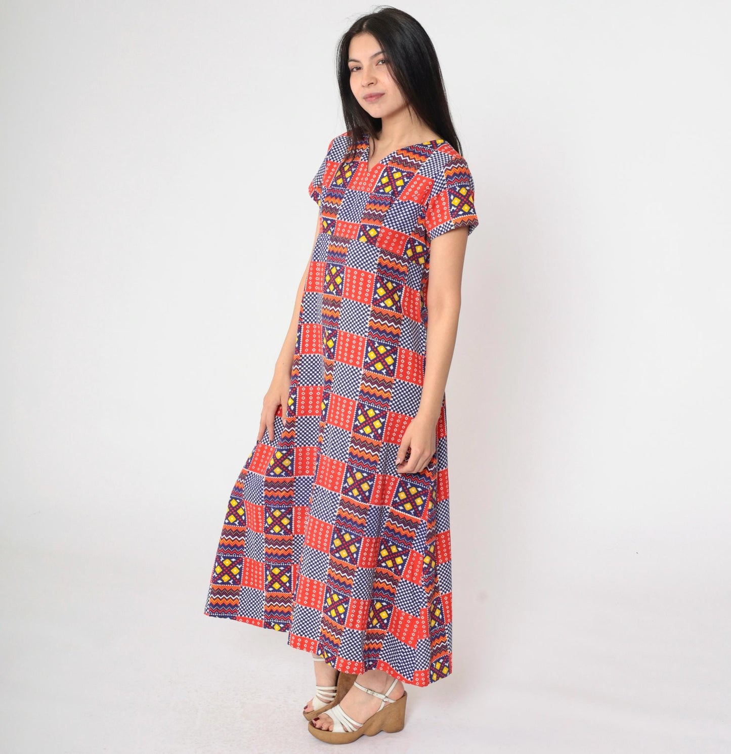 70s Patchwork Geometric Dress Empire Waist V-Neck Ankle Length Medium
