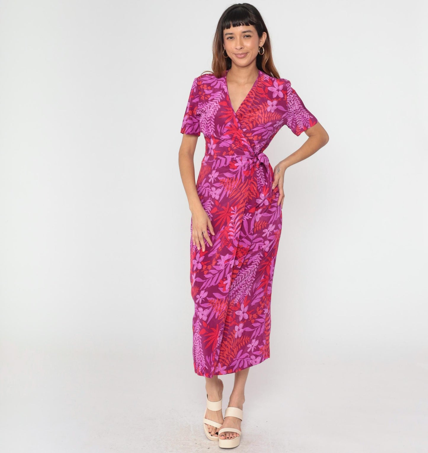 Y2K Adrianna Papell Silk Wrap Dress Purple Red Floral Midi Small 6