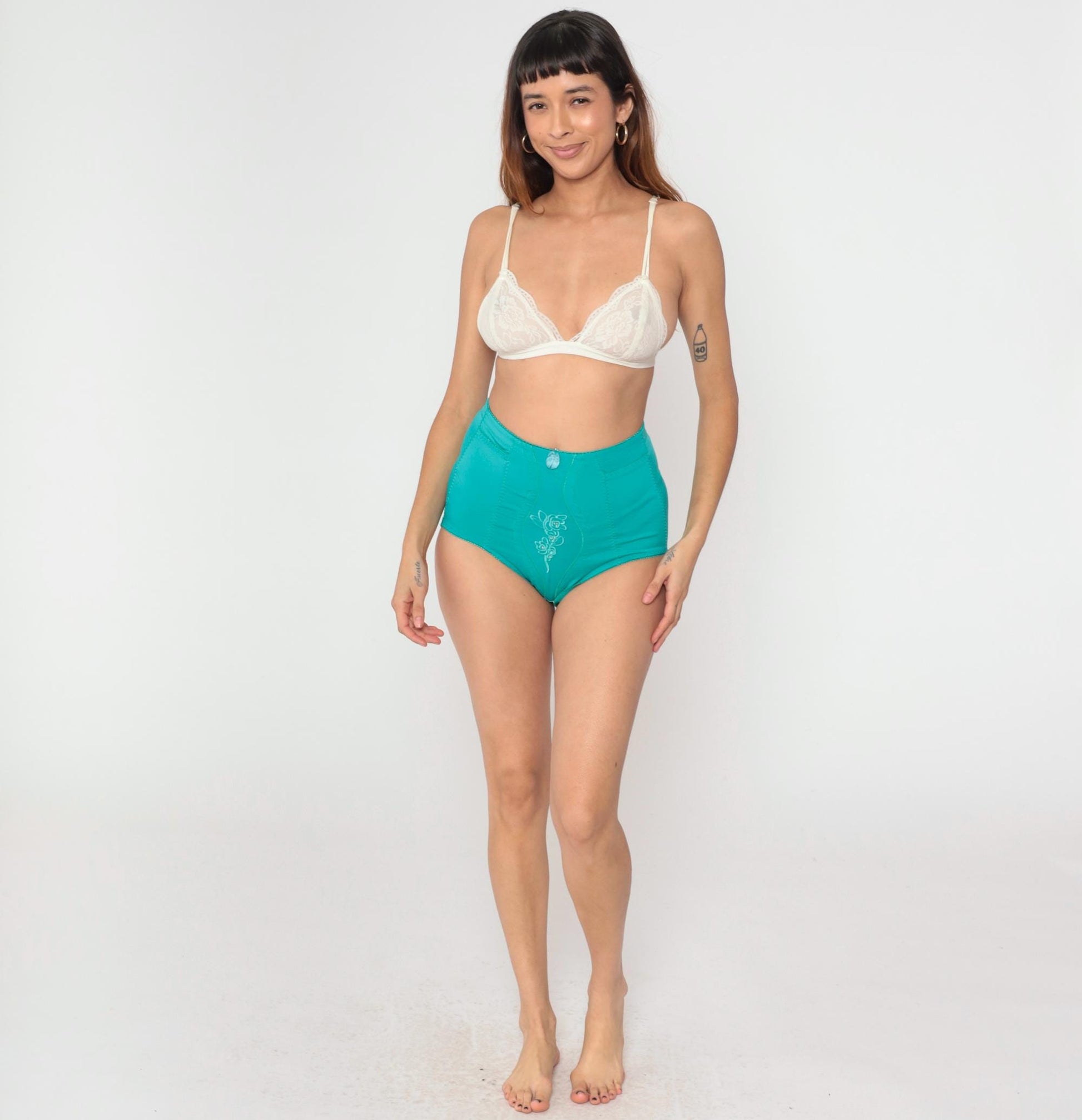 Y2K High-Waisted Teal Green Embroidered Rhinestone Briefs Shapewear Extra Large XXL
