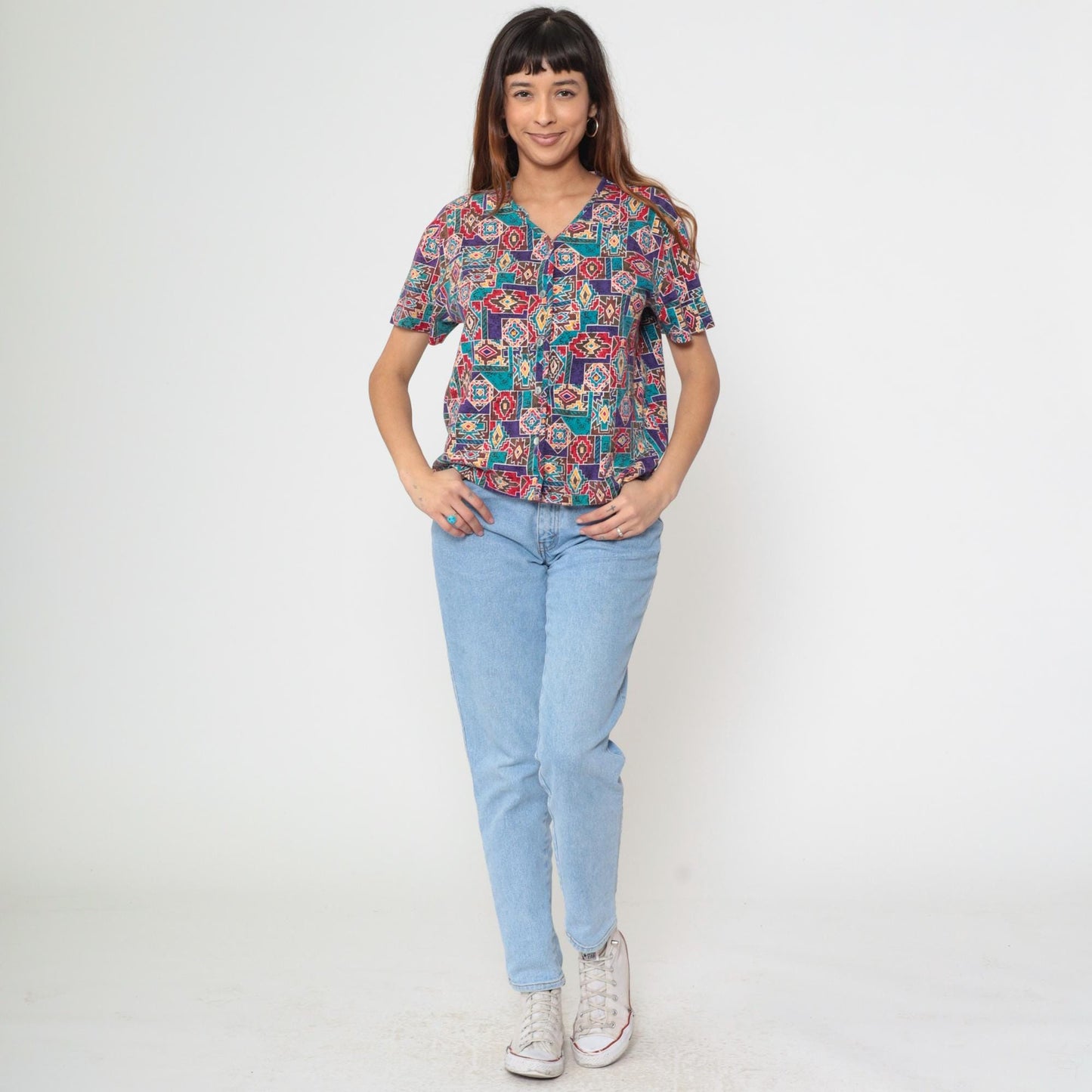 90s Southwestern Geometric Button-Up Blouse Cotton Short Sleeve Medium M