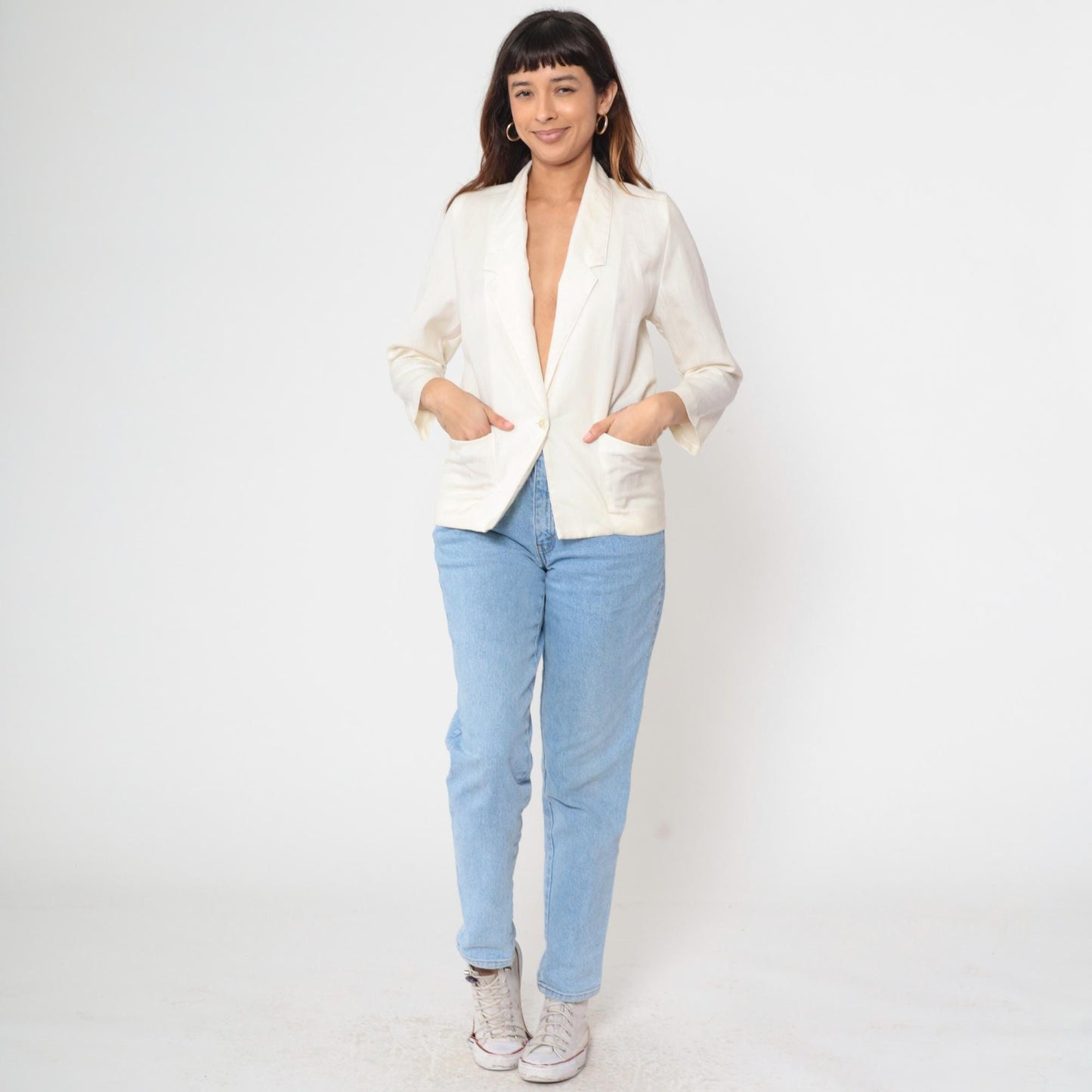 80s White Single Button Blazer Deep V Neck Structured Jacket Petite XS