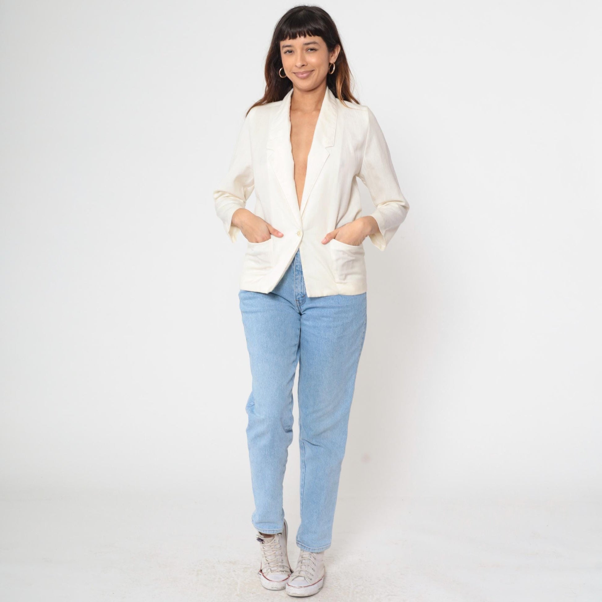 80s White Single Button Blazer Deep V Neck Structured Jacket Petite XS