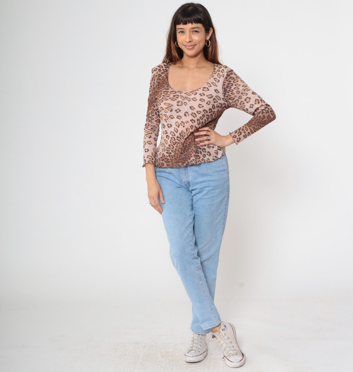Y2K Leopard Print Long Sleeve Top Scoop Neck Lettuce Edge Large L