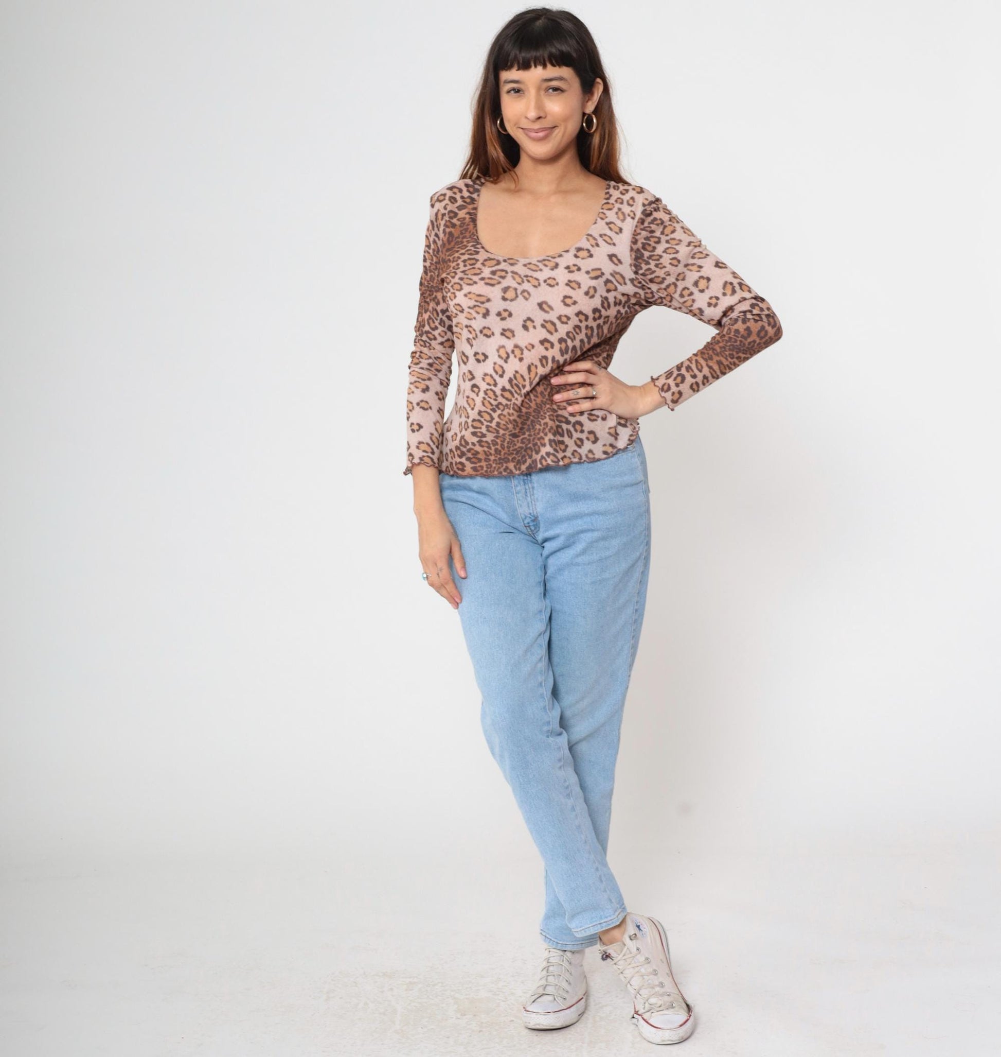 Y2K Leopard Print Long Sleeve Top Scoop Neck Lettuce Edge Large L