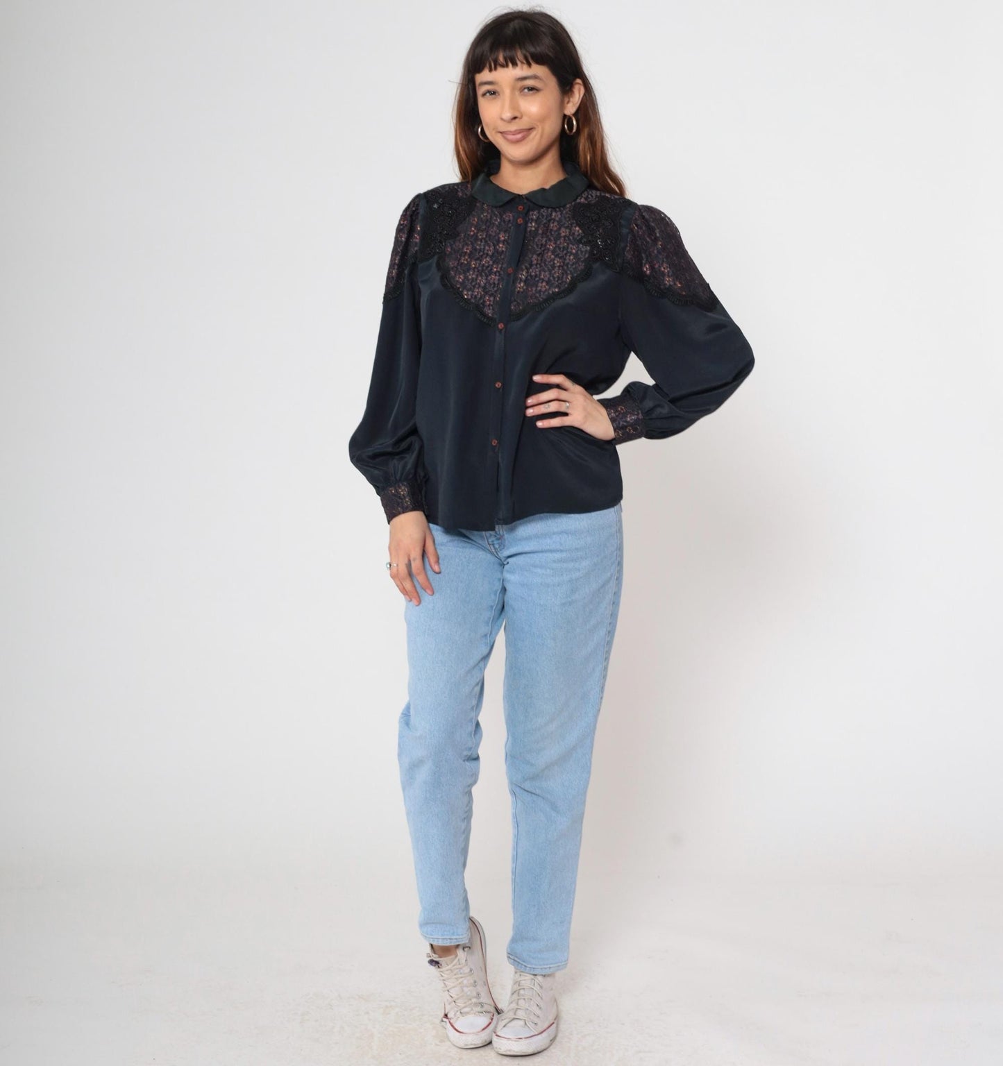 80s Black Satin Blouse Metallic Lace Yoke Beaded Sequin Puff Sleeve Medium