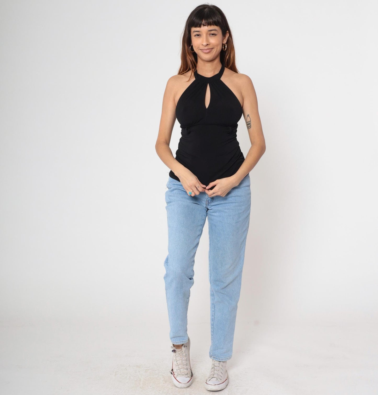 Y2K Black Halter Keyhole Sleeveless Top Empire Waist Open Back Small Medium