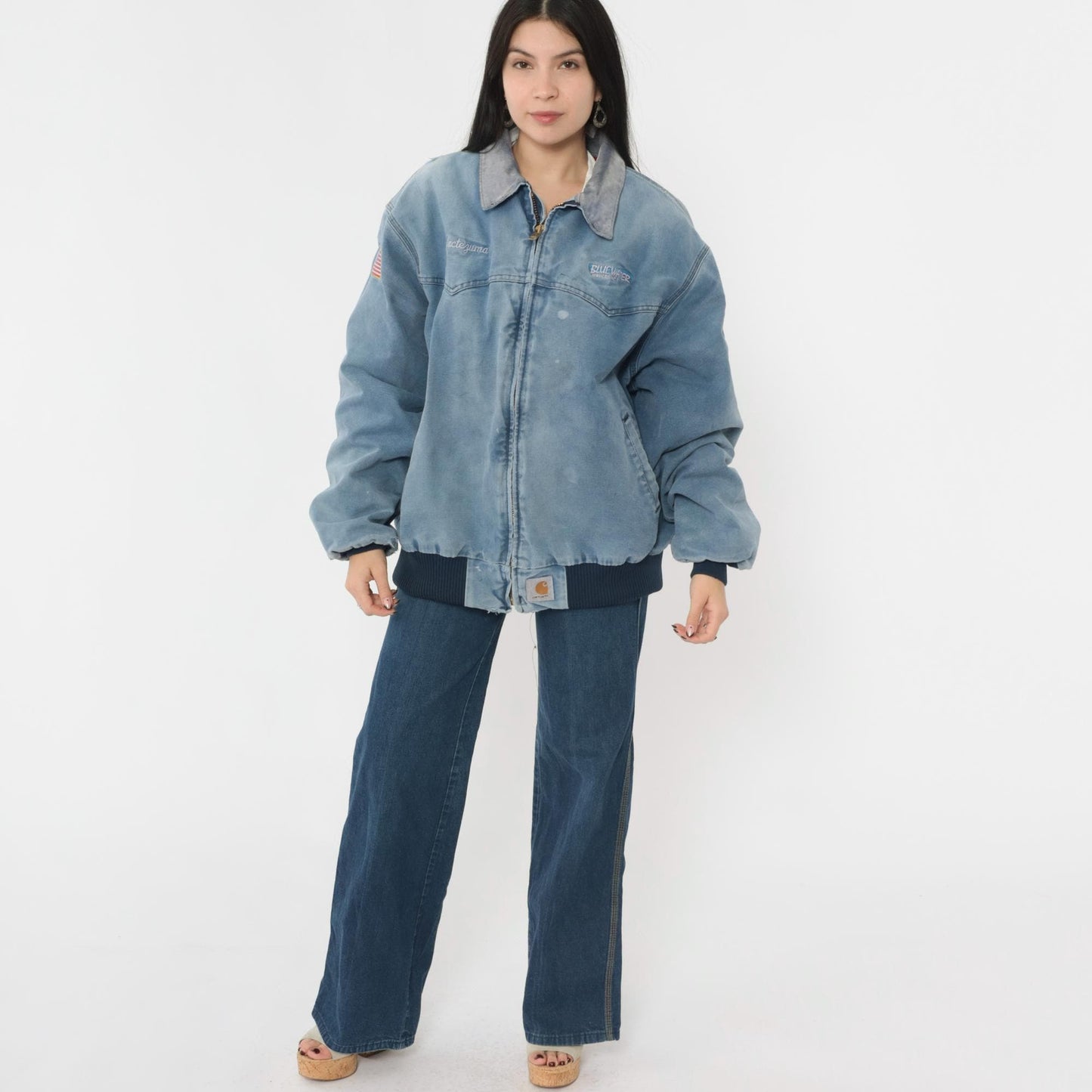 90s Carhartt Bomber Jacket Blue Duck Corduroy Collar Bluewater Services Large L