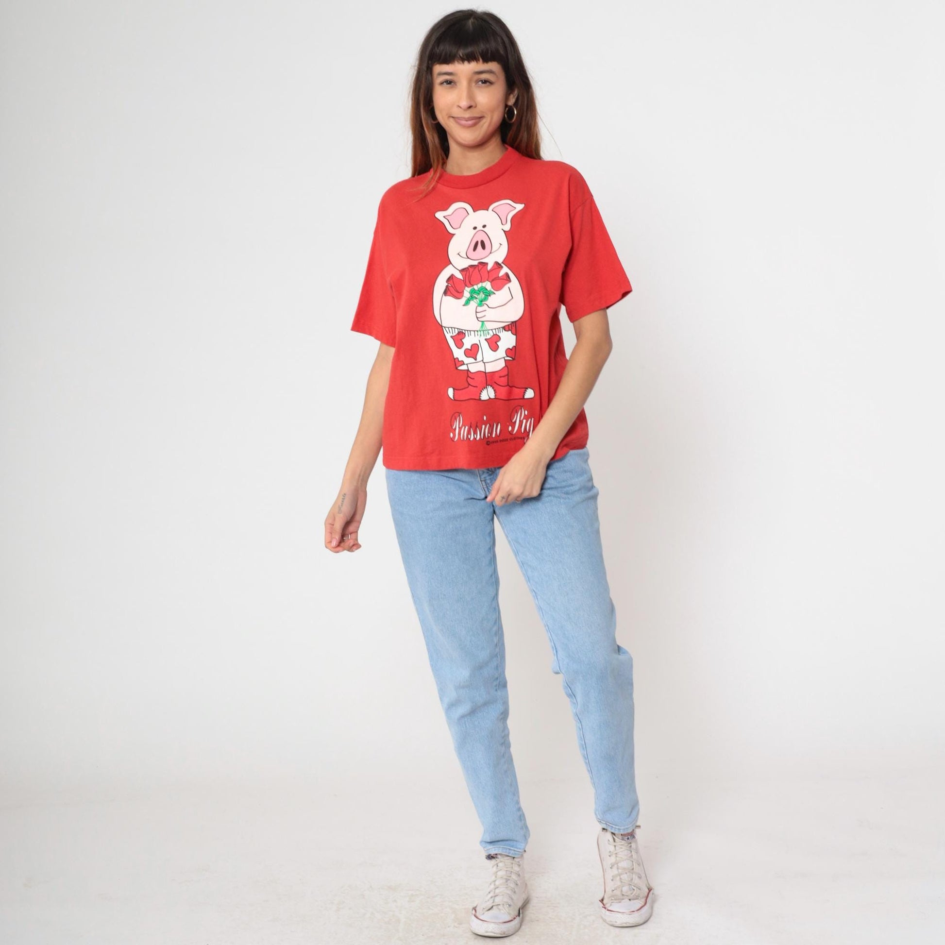 90s Doze Clothes Passion Pig Graphic T-Shirt Red Cotton Crewneck Small