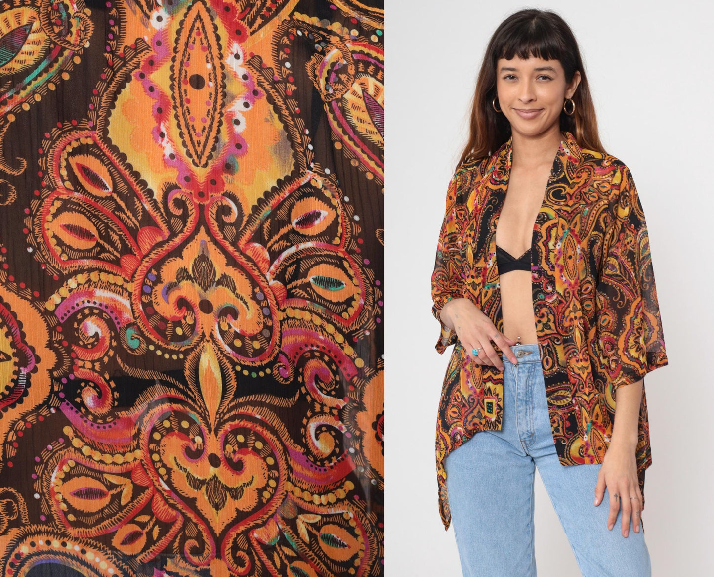 Y2K Sheer Paisley Kimono Jacket Open Front Asymmetrical Orange Gold Pink Extra Small