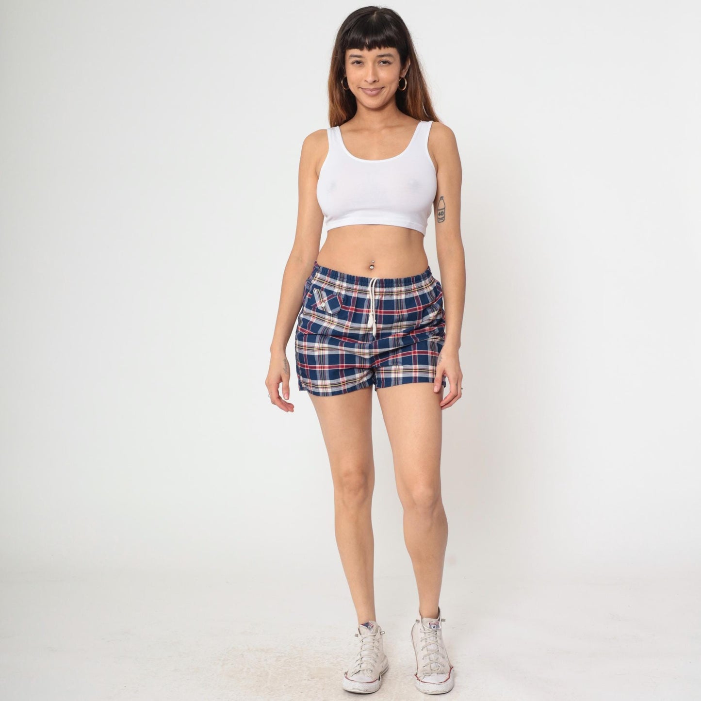 70s Towncraft Plaid Swim Trunks Navy Red White Checkered Small
