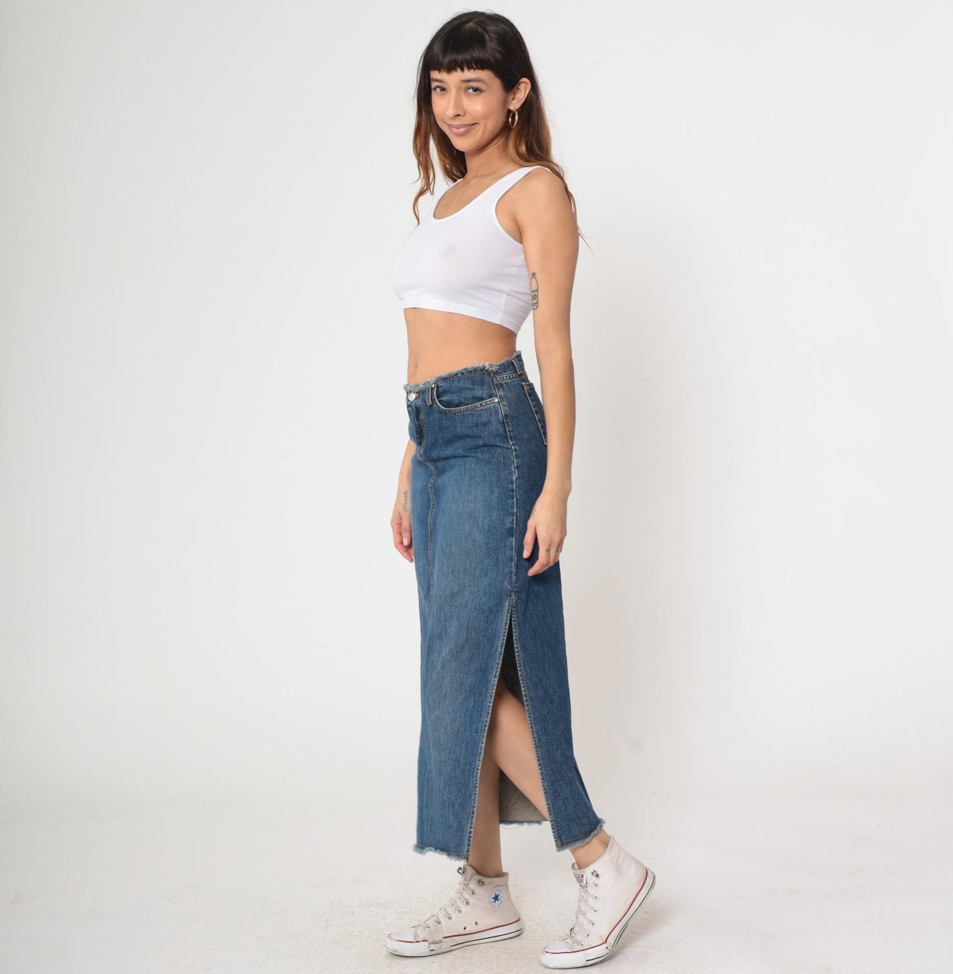 Y2K Faded Blue Denim Maxi Skirt Low Rise Side Slit Jean Skirt Small