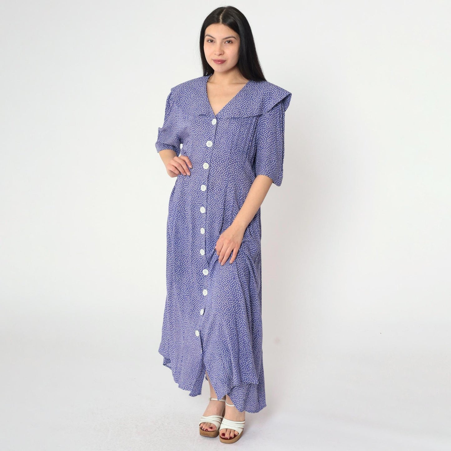 80s Purple Polka Dot Maxi Dress Sailor Collar Button-Up Rayon Large