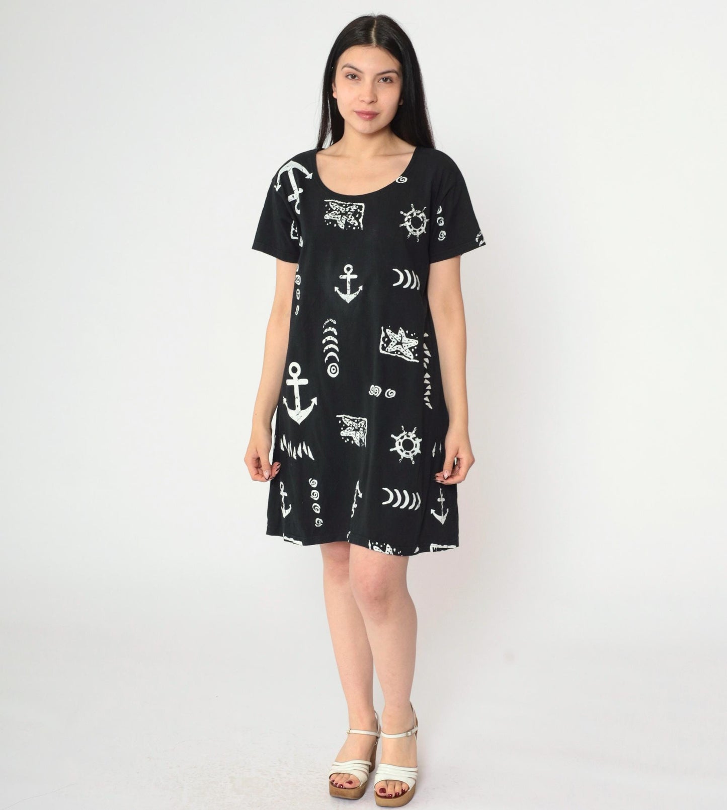 90s Black Nautical Anchor Starfish Print Mini Shift Dress Short Sleeve Medium M