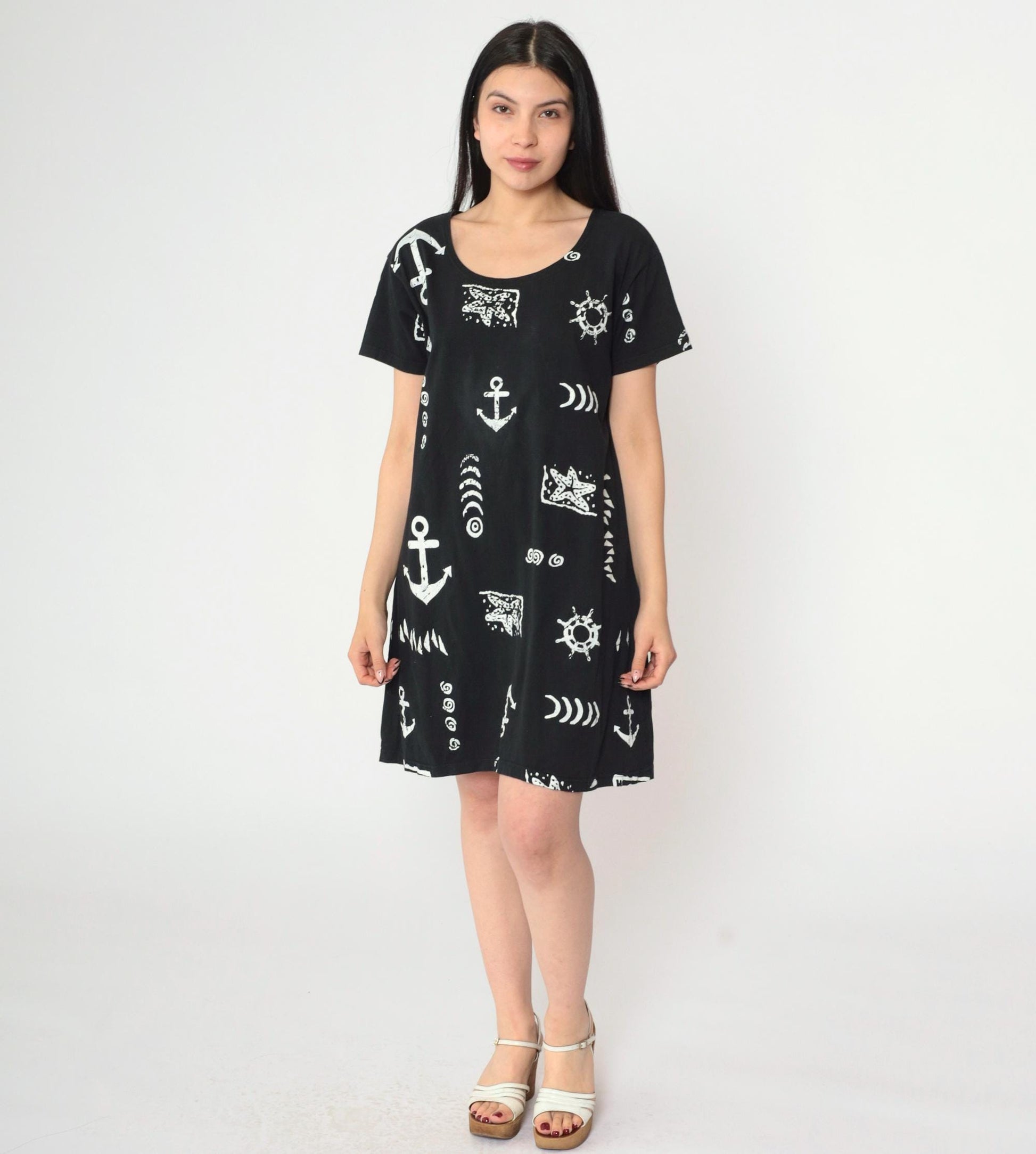 90s Black Nautical Anchor Starfish Print Mini Shift Dress Short Sleeve Medium M