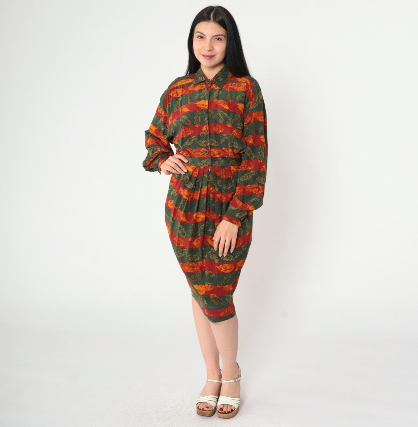 80s Silk Midi Dress Autumn Leaf Print Button-Up Blouson Long Sleeve Red Orange Green Extra Small